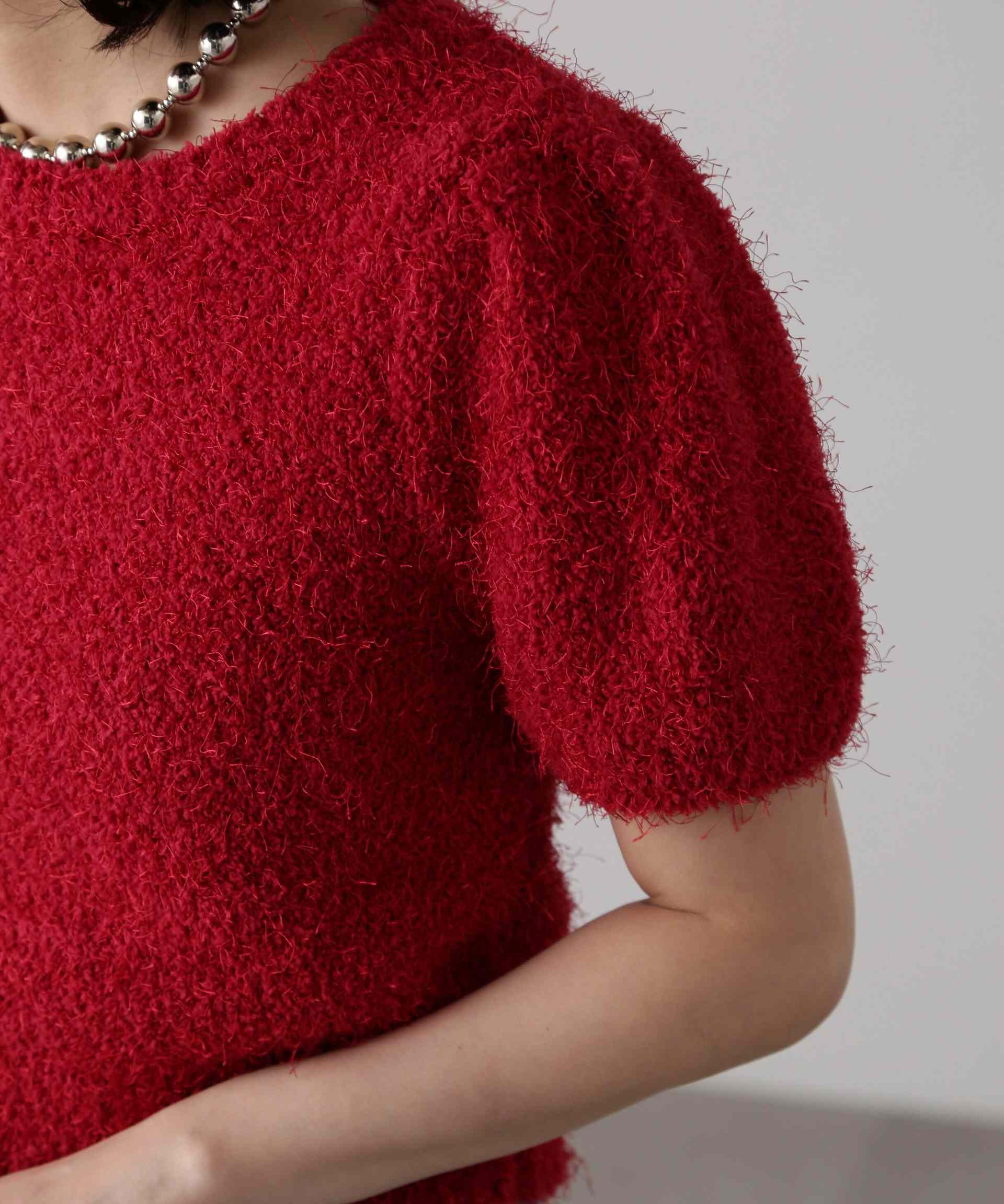 フェザーパフスリーブ半袖ニット レッド