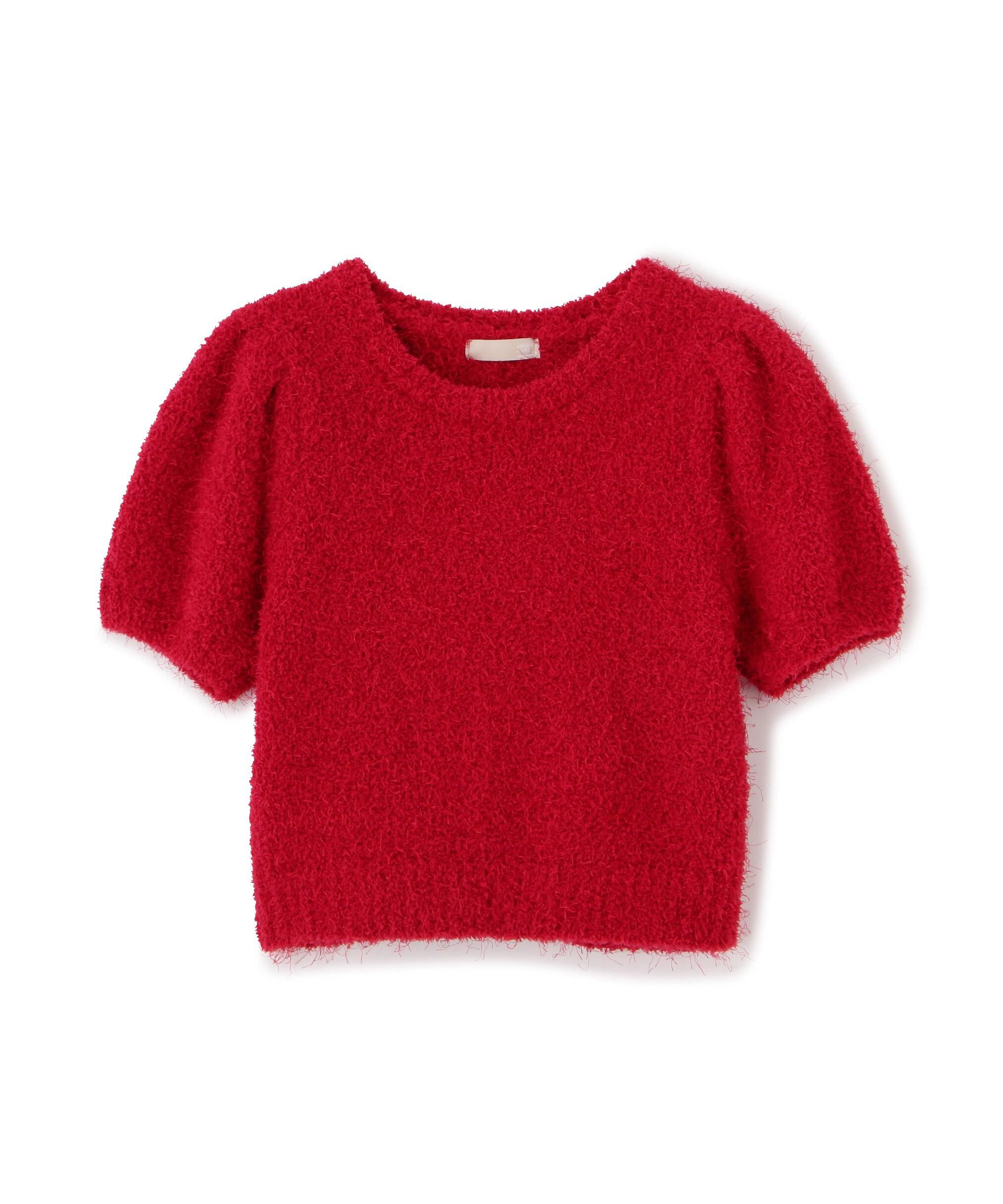 フェザーパフスリーブ半袖ニット レッド