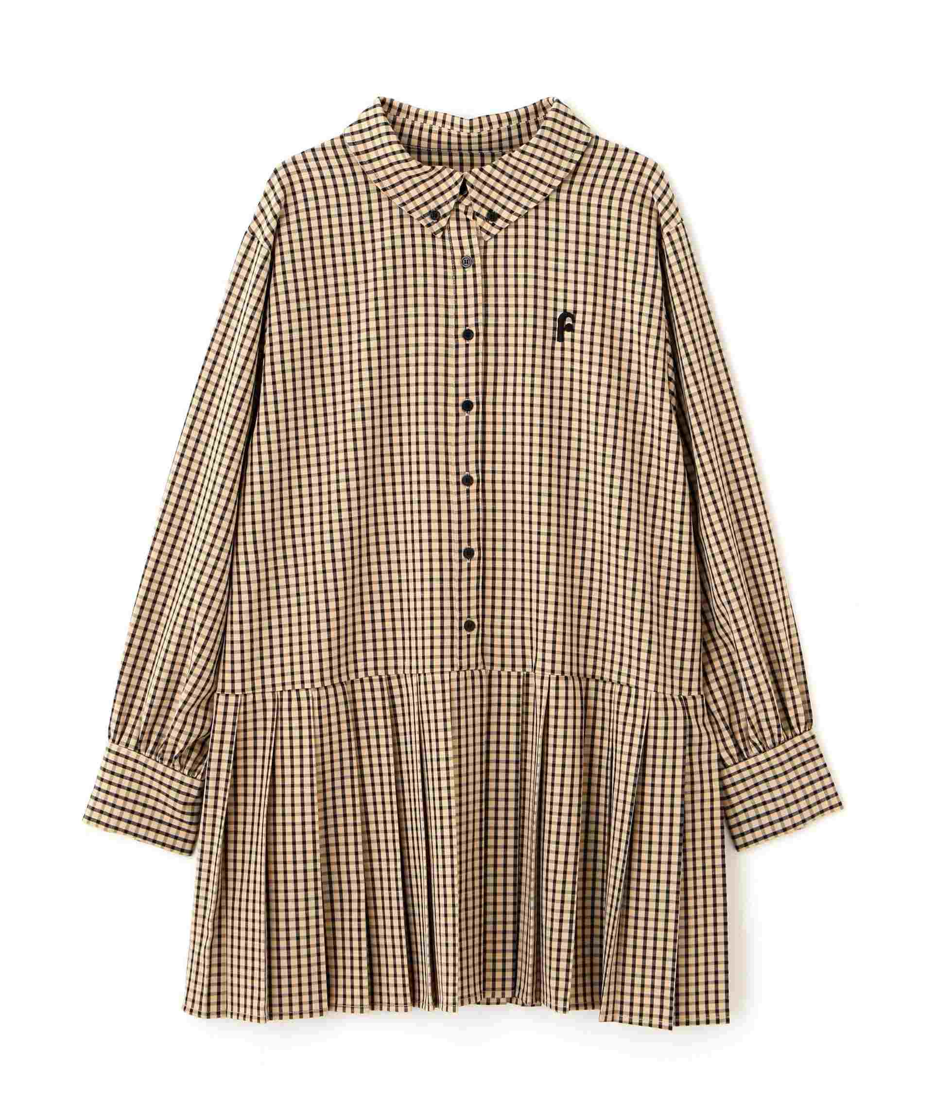 プリーツシャツロングスリーブミニワンピース ベージュチェック1