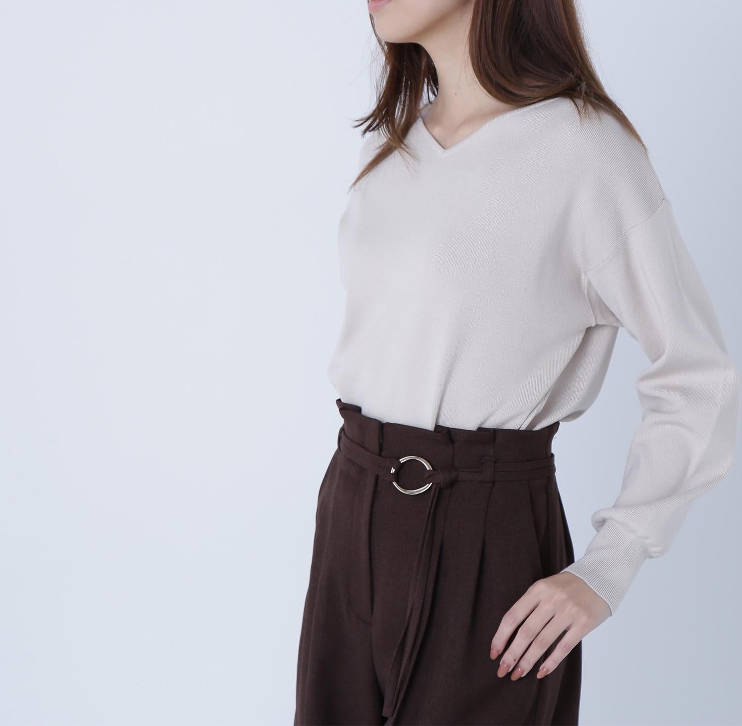 総針ベーシックシリーズ ニュアンスVネックニット ベージュ