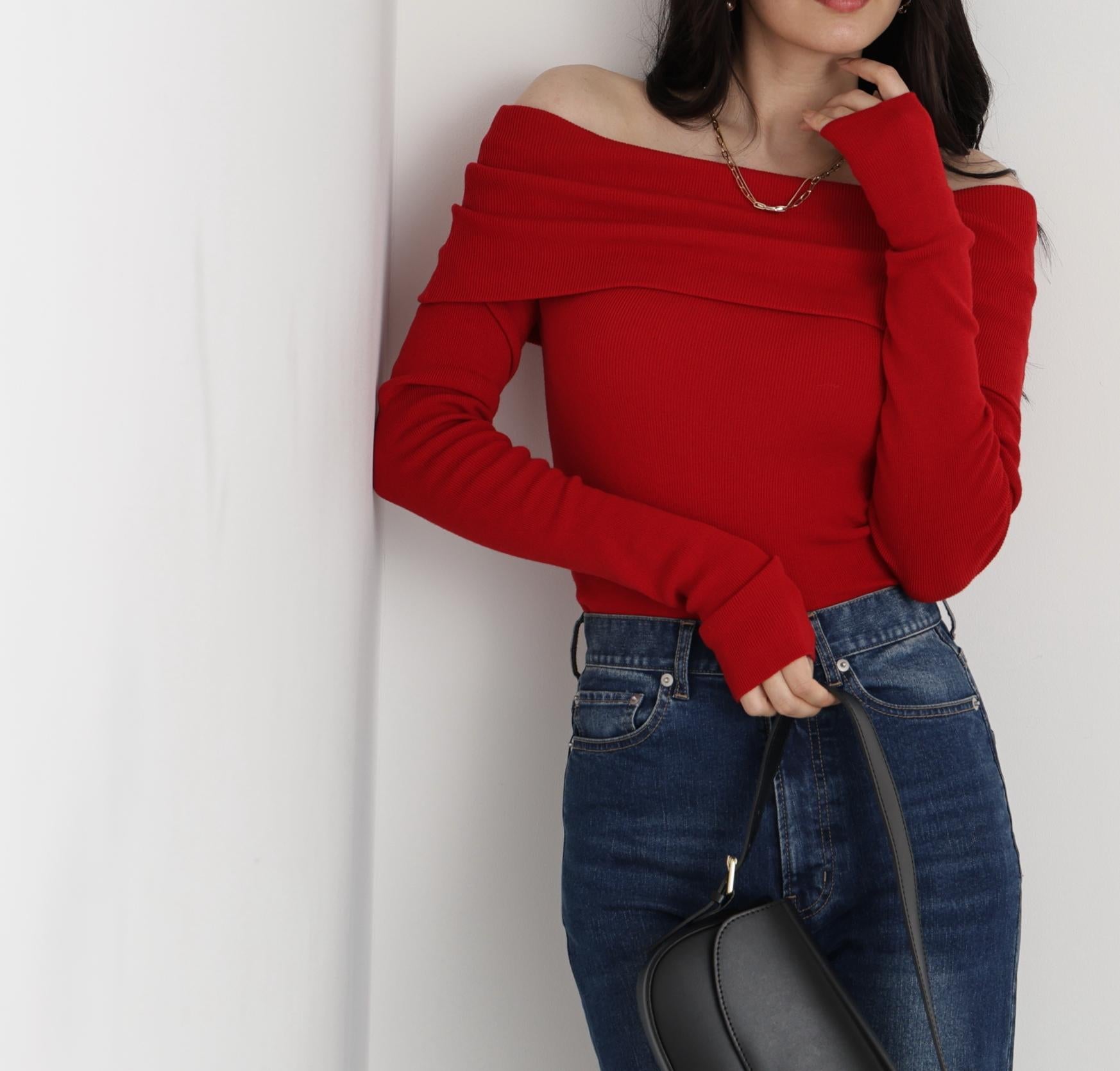 ◆オフショルダー２ＷＡＹニットプルオーバー レッド