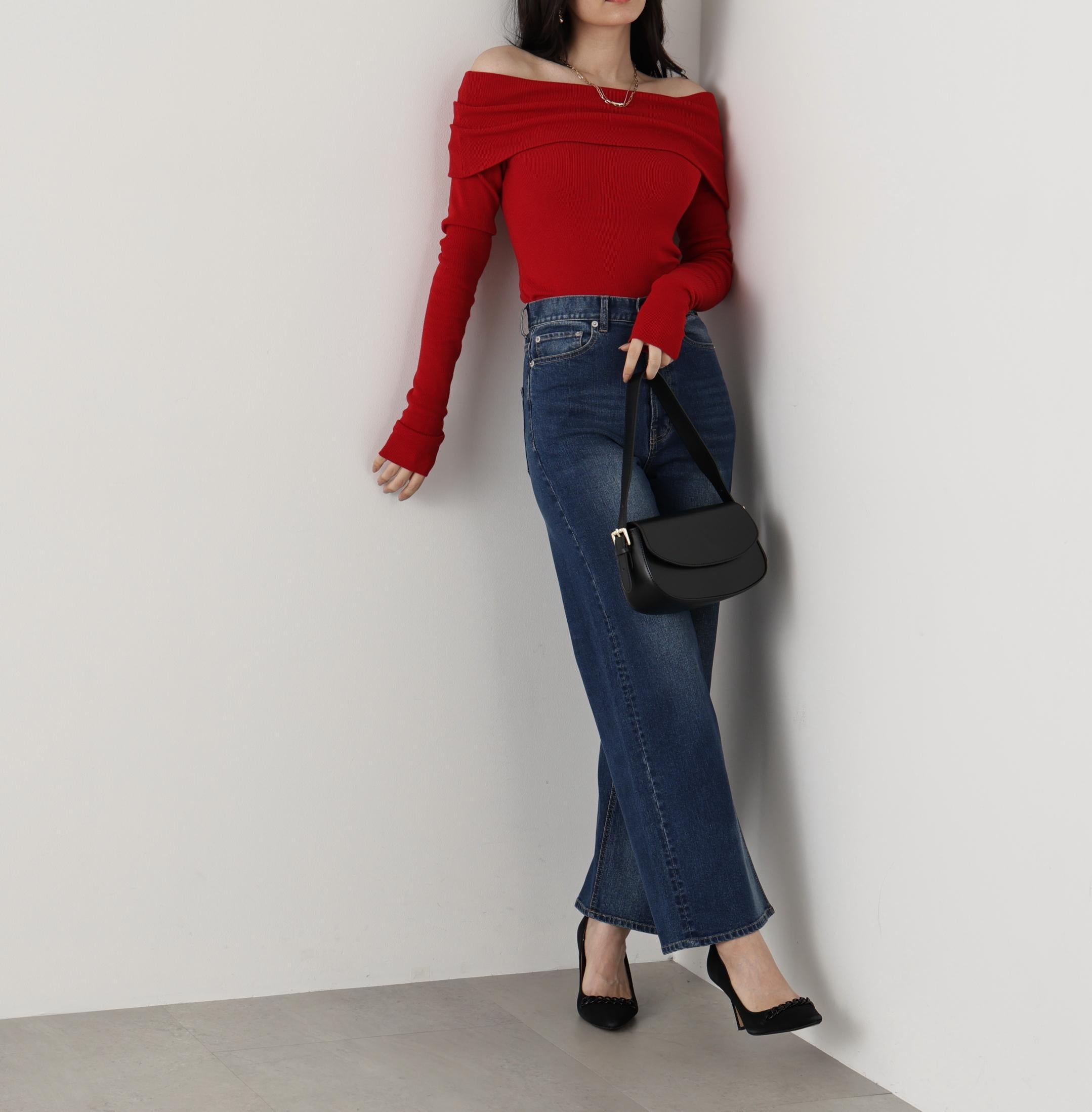 ◆オフショルダー２ＷＡＹニットプルオーバー レッド