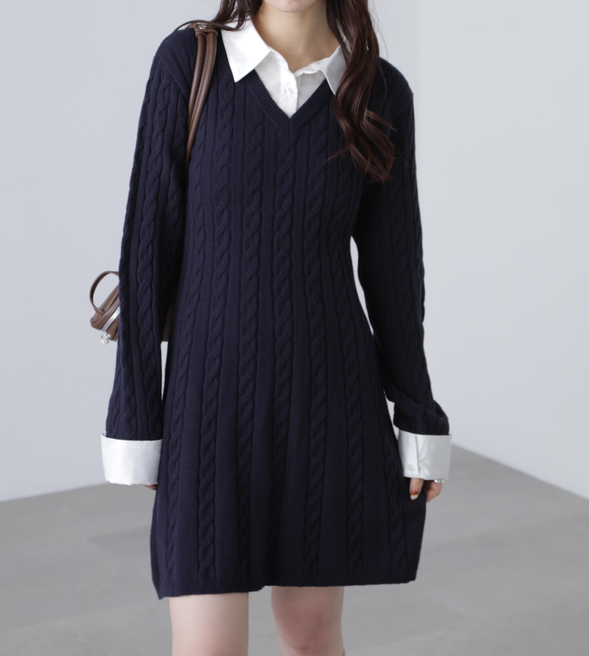 レイヤード風ケーブルニットミニワンピース ネイビー