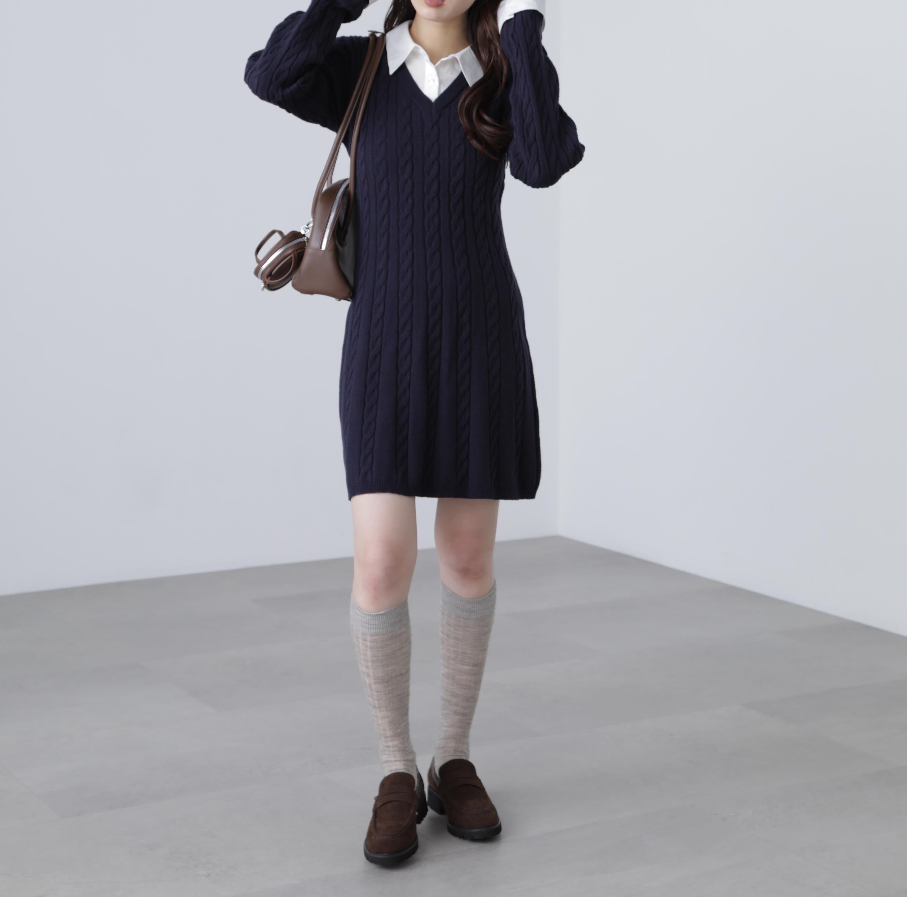 レイヤード風ケーブルニットミニワンピース ネイビー
