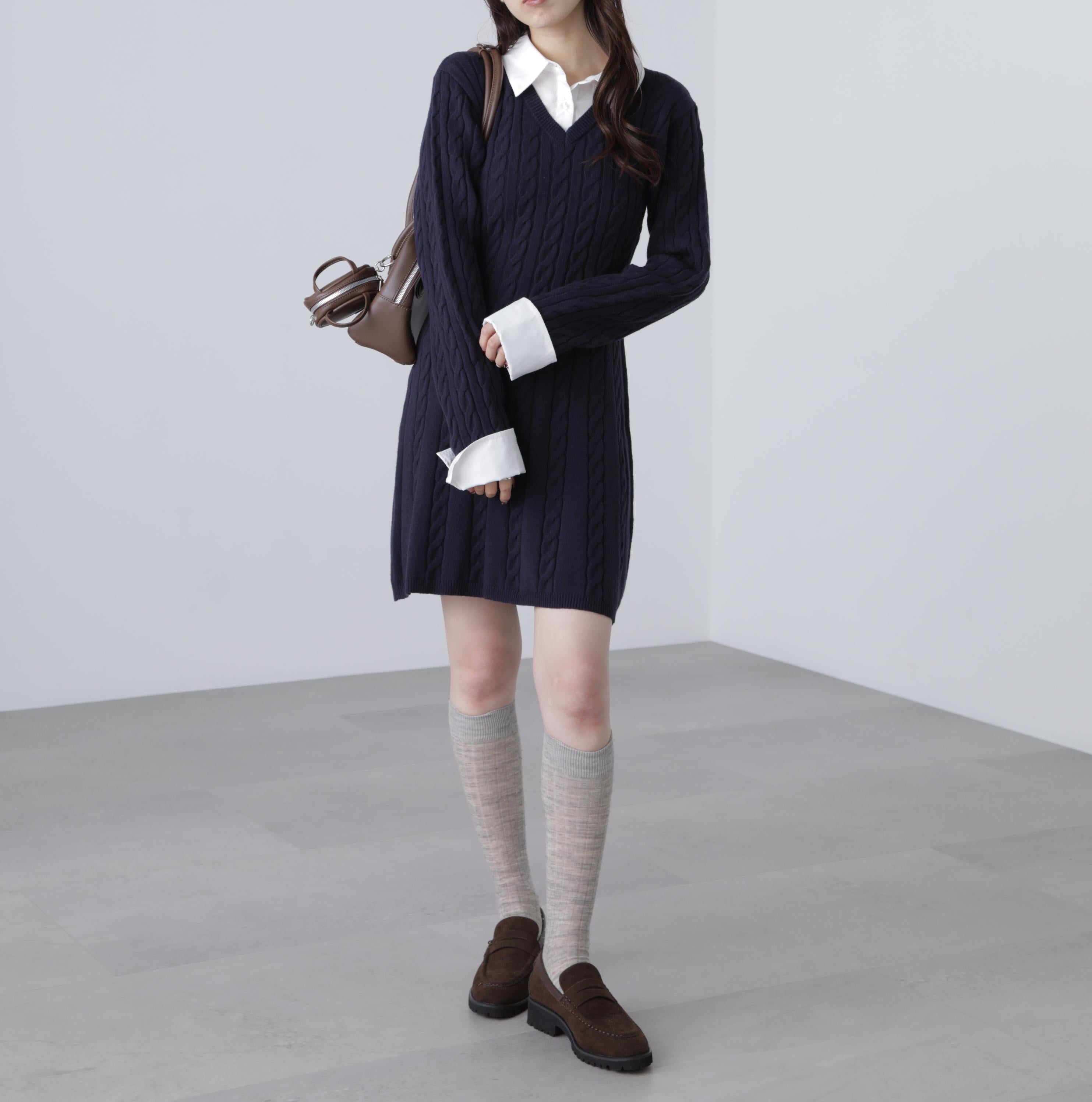 レイヤード風ケーブルニットミニワンピース ネイビー