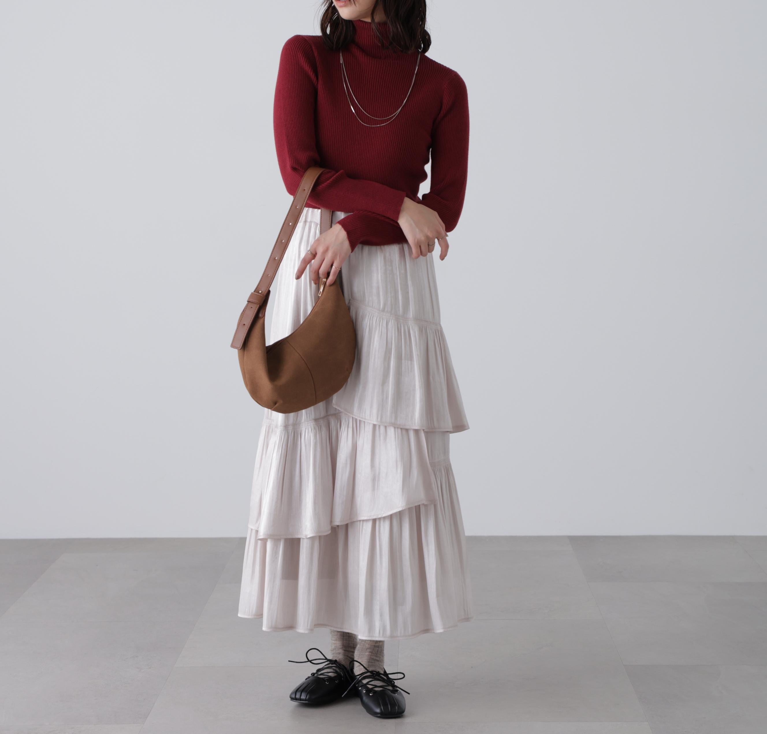 タートルネックリブニット ボルドー