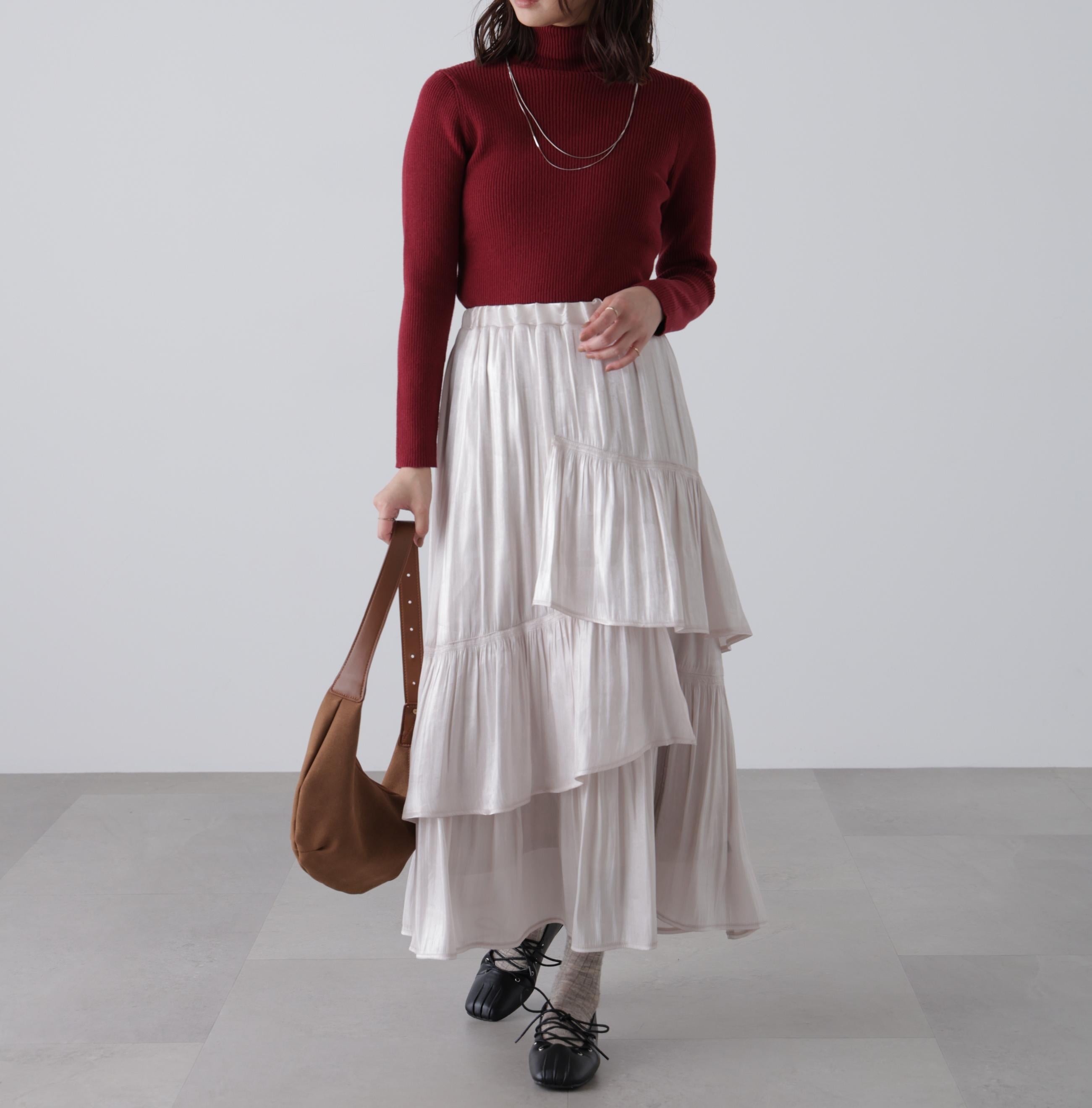 タートルネックリブニット ボルドー