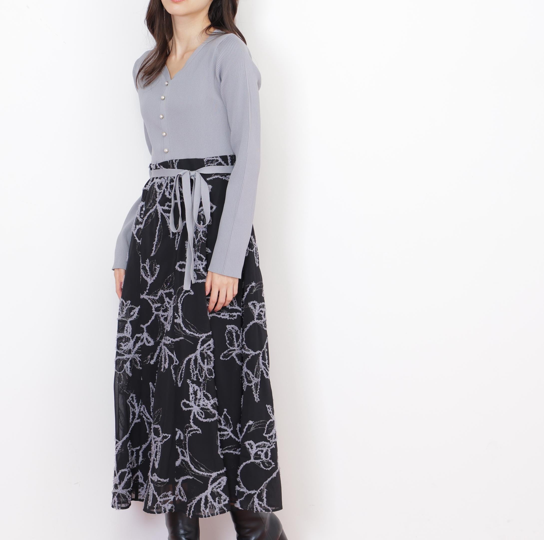 モール刺繍ドッキングニットワンピース ブルー