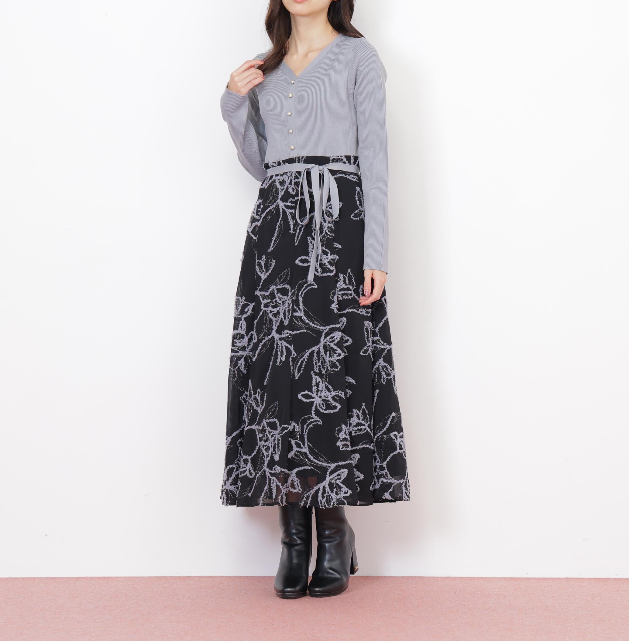 モール刺繍ドッキングニットワンピース ブルー