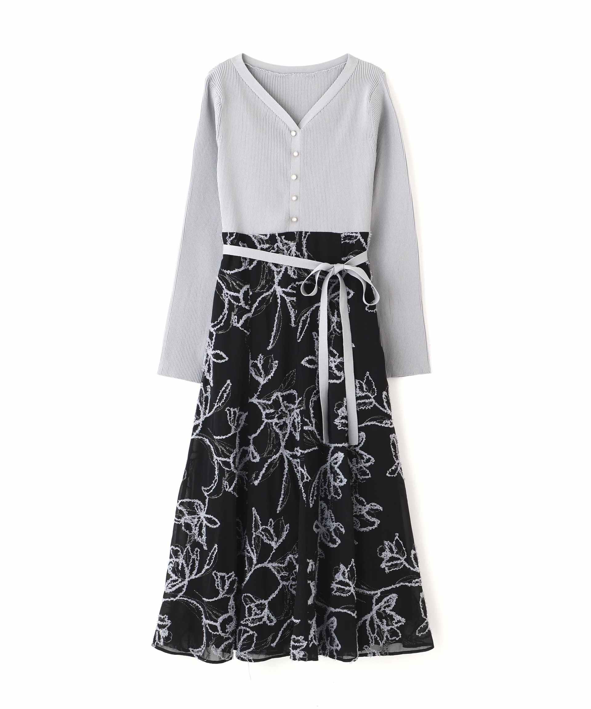 モール刺繍ドッキングニットワンピース ブルー