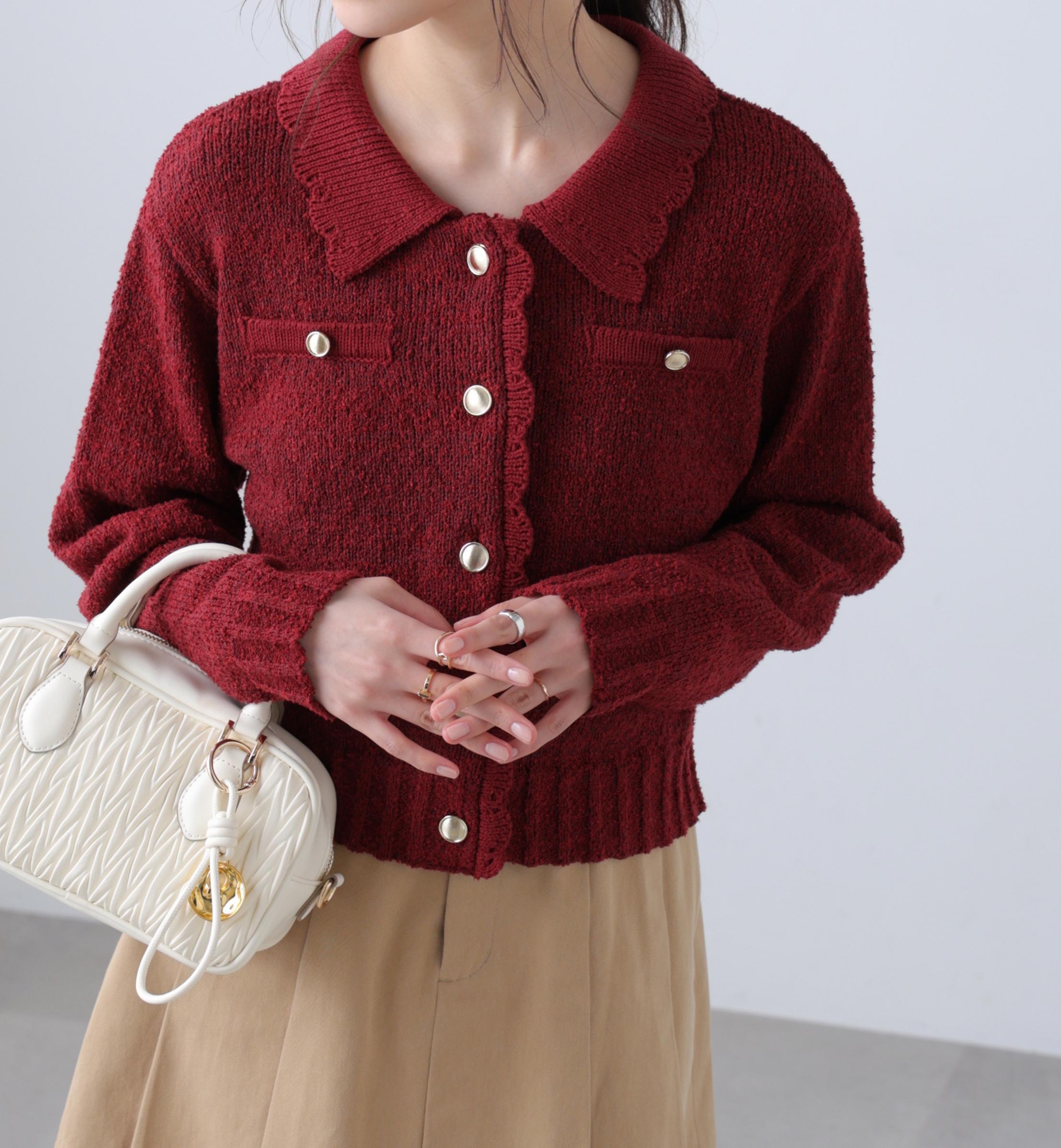 ミニブークレツイードライクニットカーディガン レッド