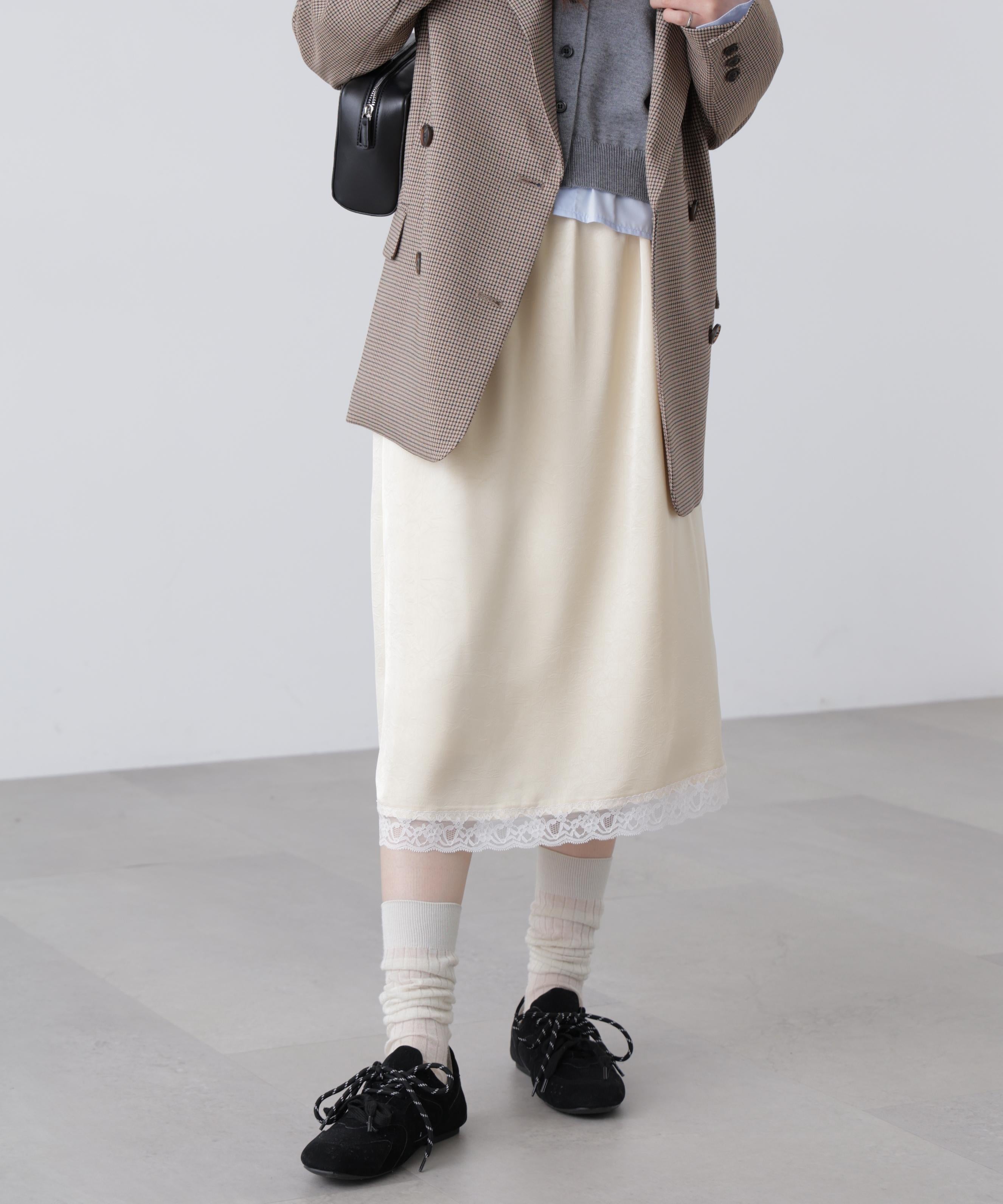 レーストリムサテンミディスカート イエロー