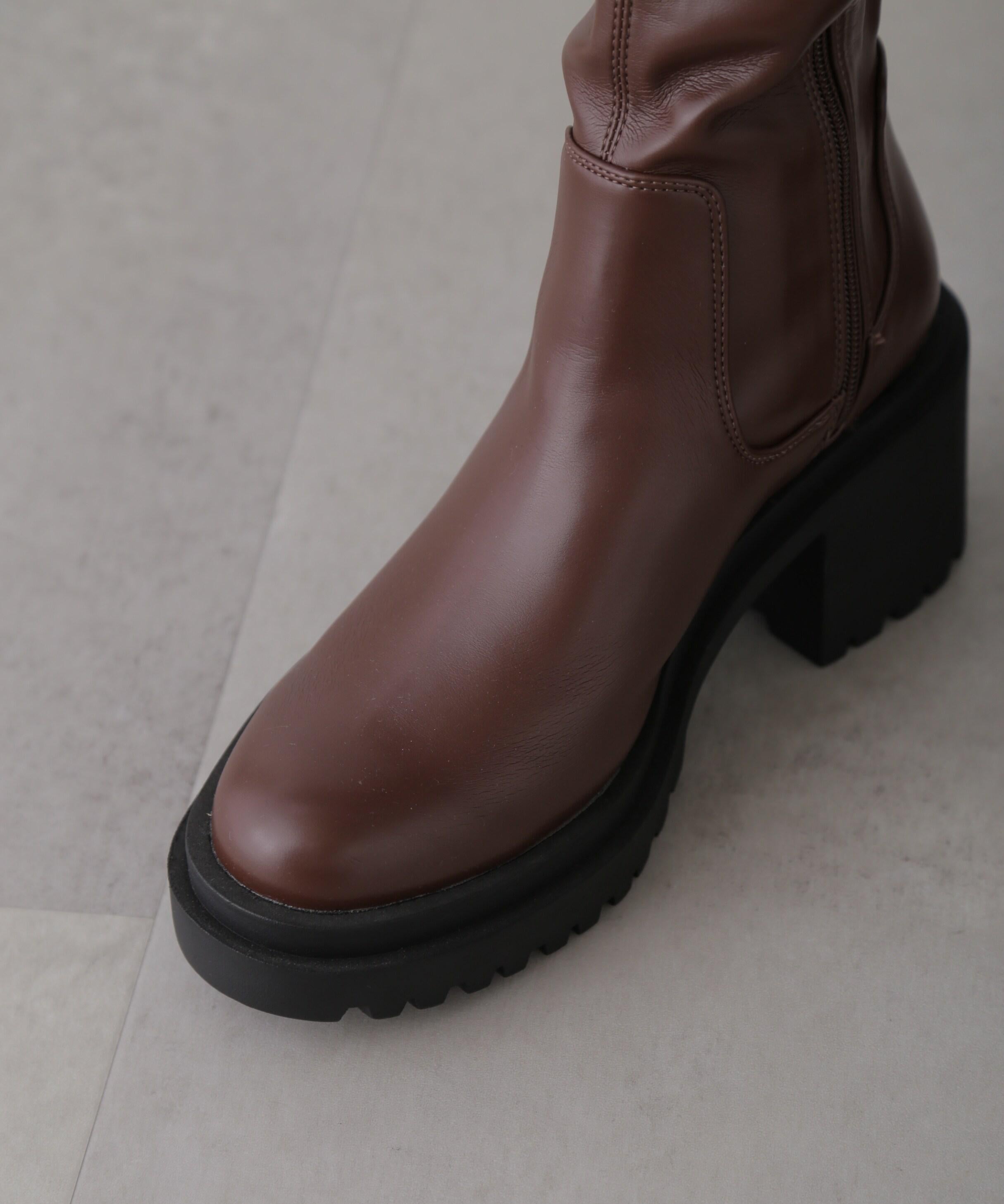 ワイドヒールストレッチブーツ ブラウン