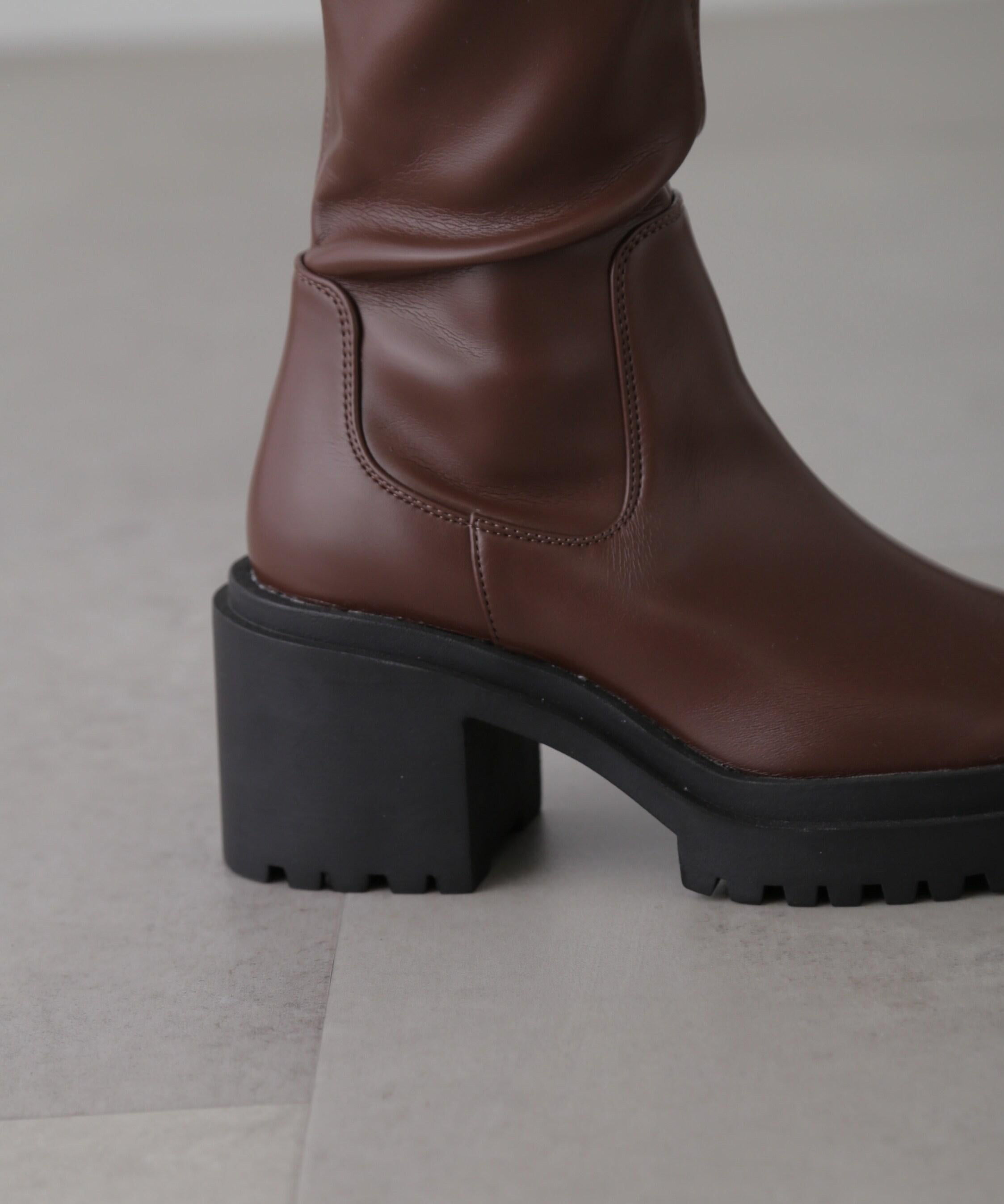 ワイドヒールストレッチブーツ ブラウン