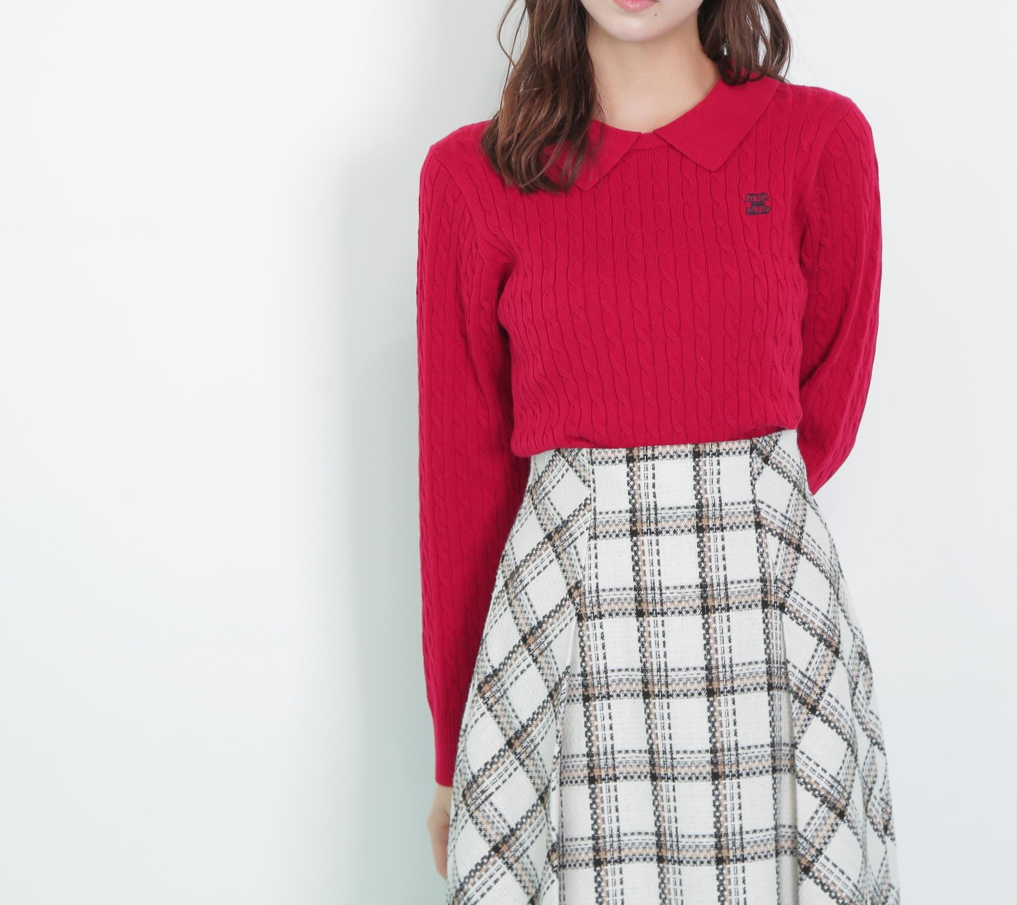 レイヤード衿ケーブルニット レッド