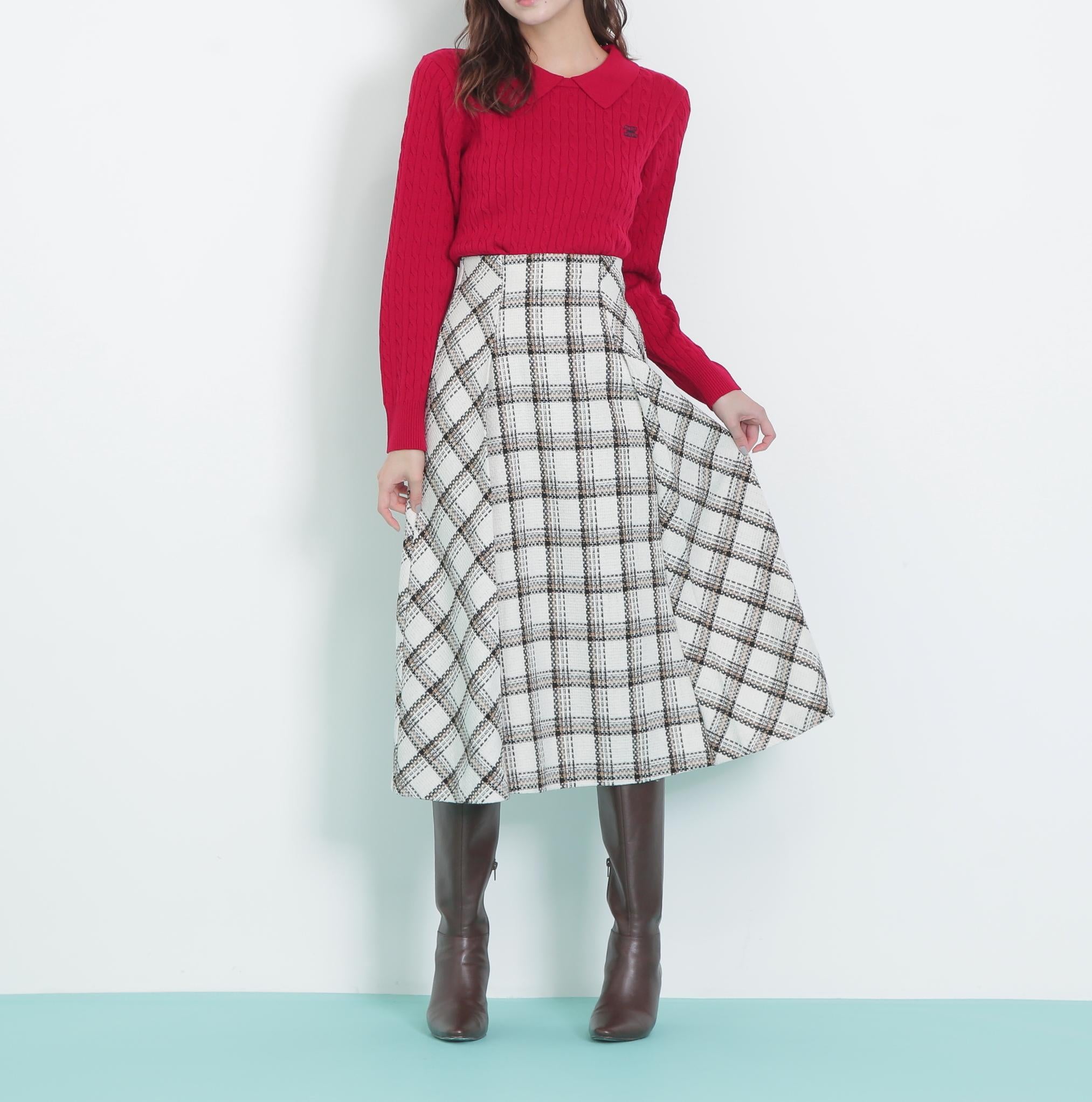 レイヤード衿ケーブルニット レッド