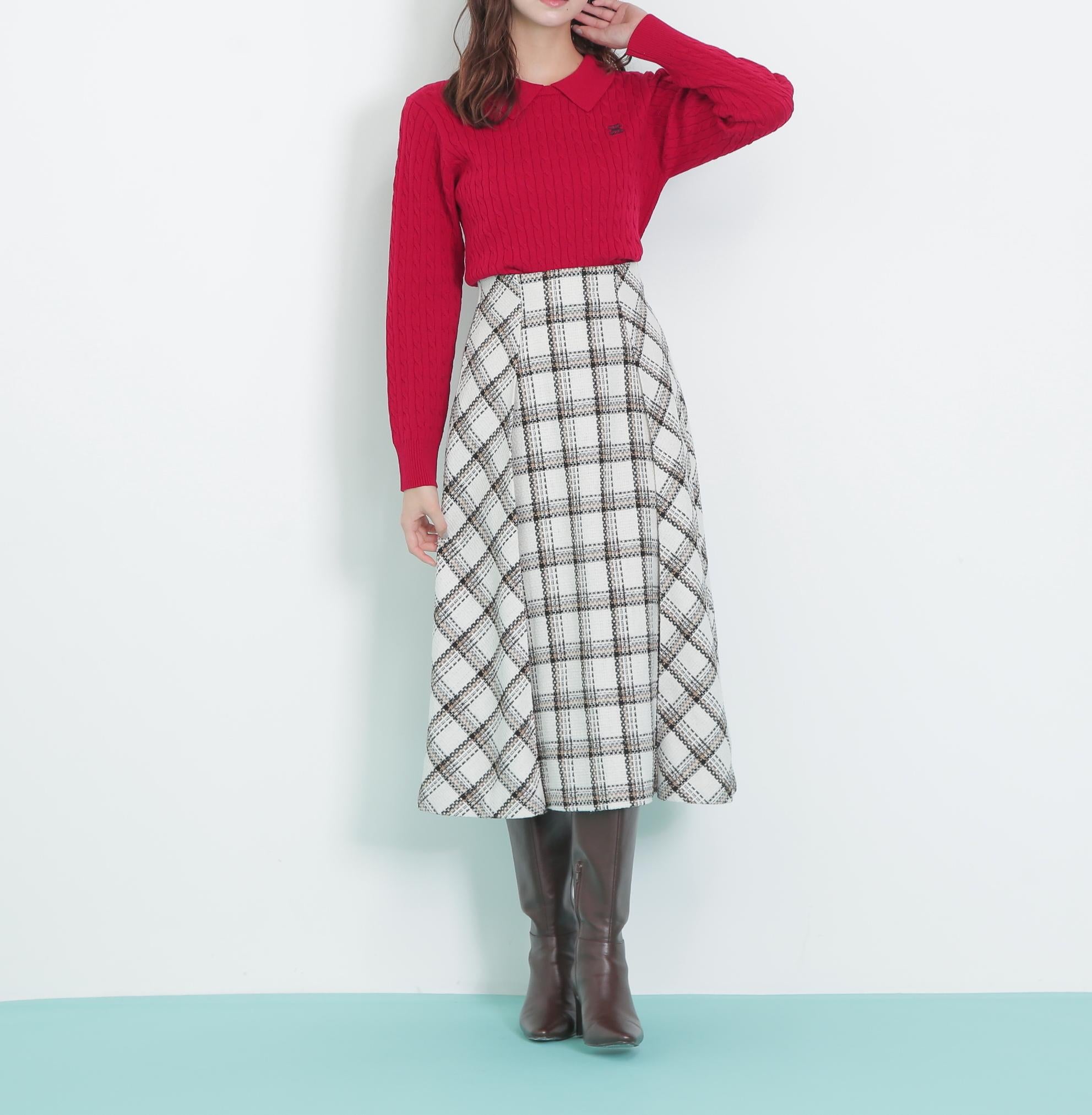 レイヤード衿ケーブルニット レッド