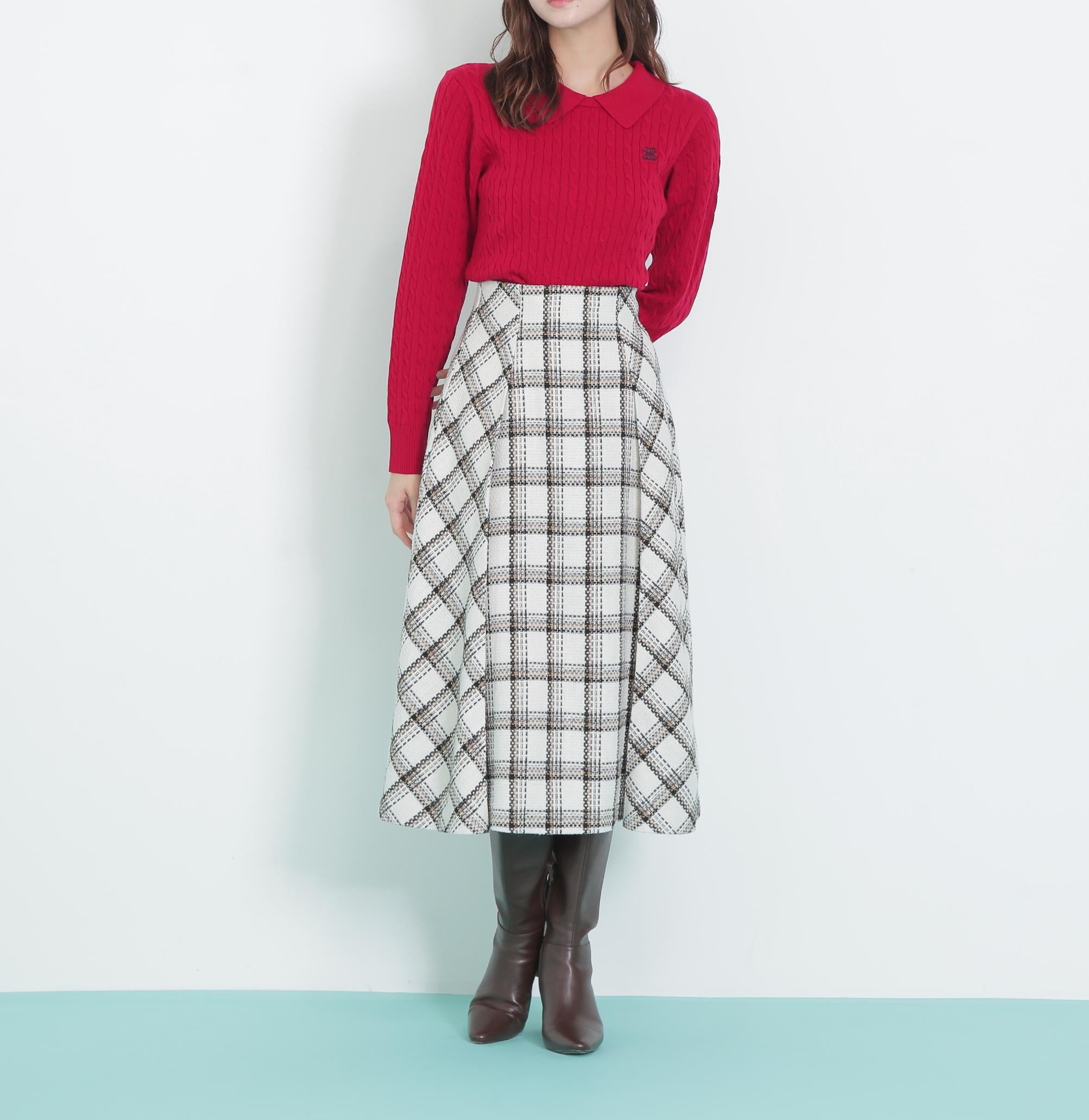 レイヤード衿ケーブルニット レッド