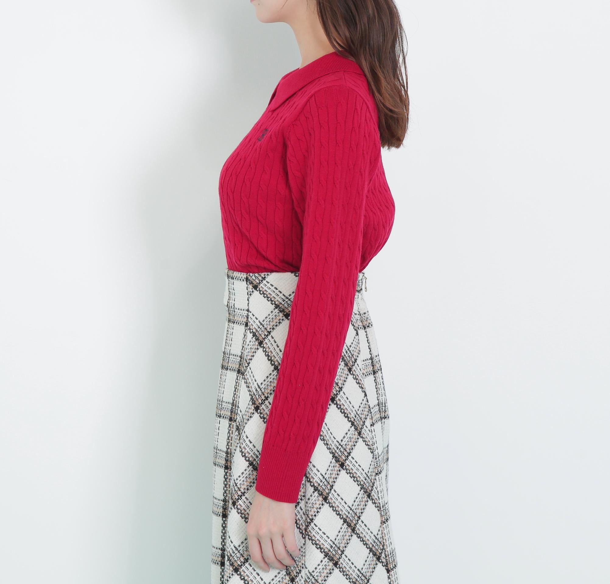 レイヤード衿ケーブルニット レッド