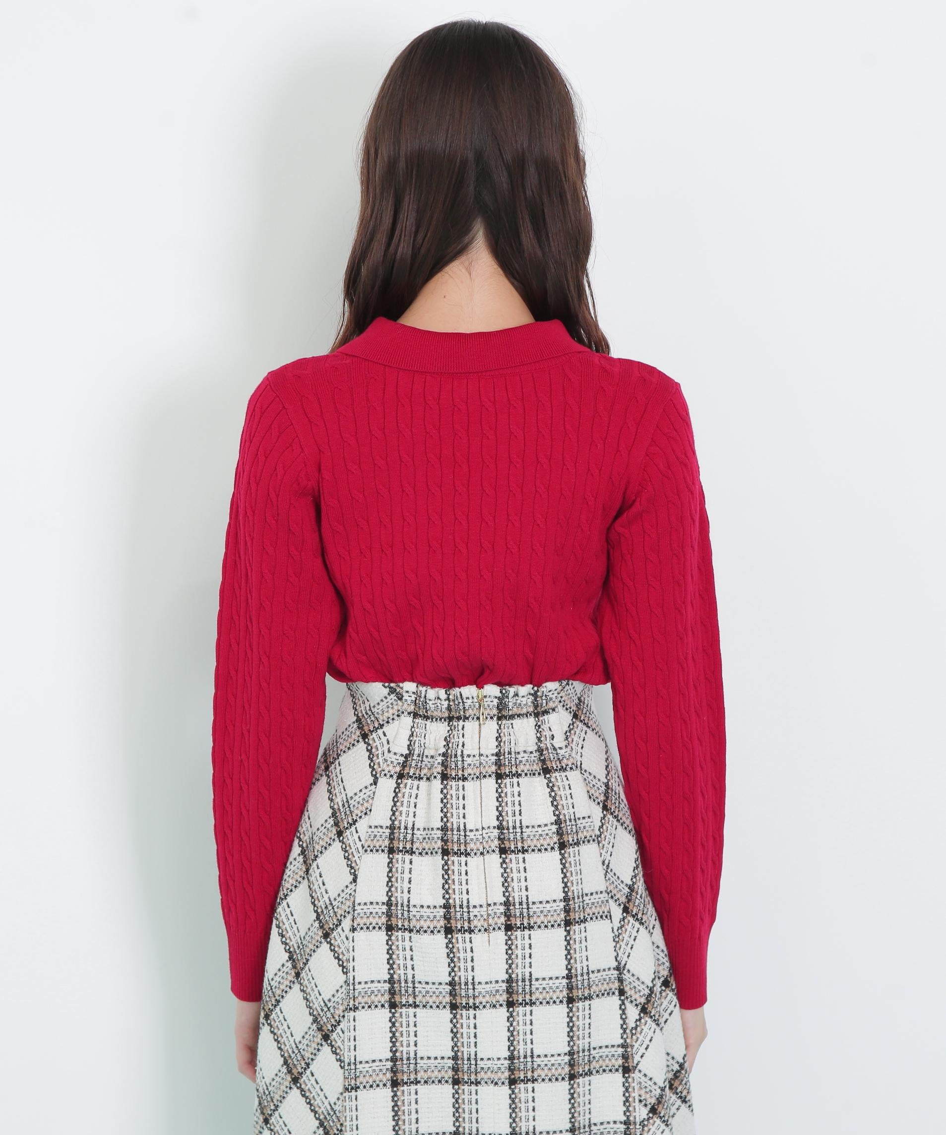 レイヤード衿ケーブルニット レッド