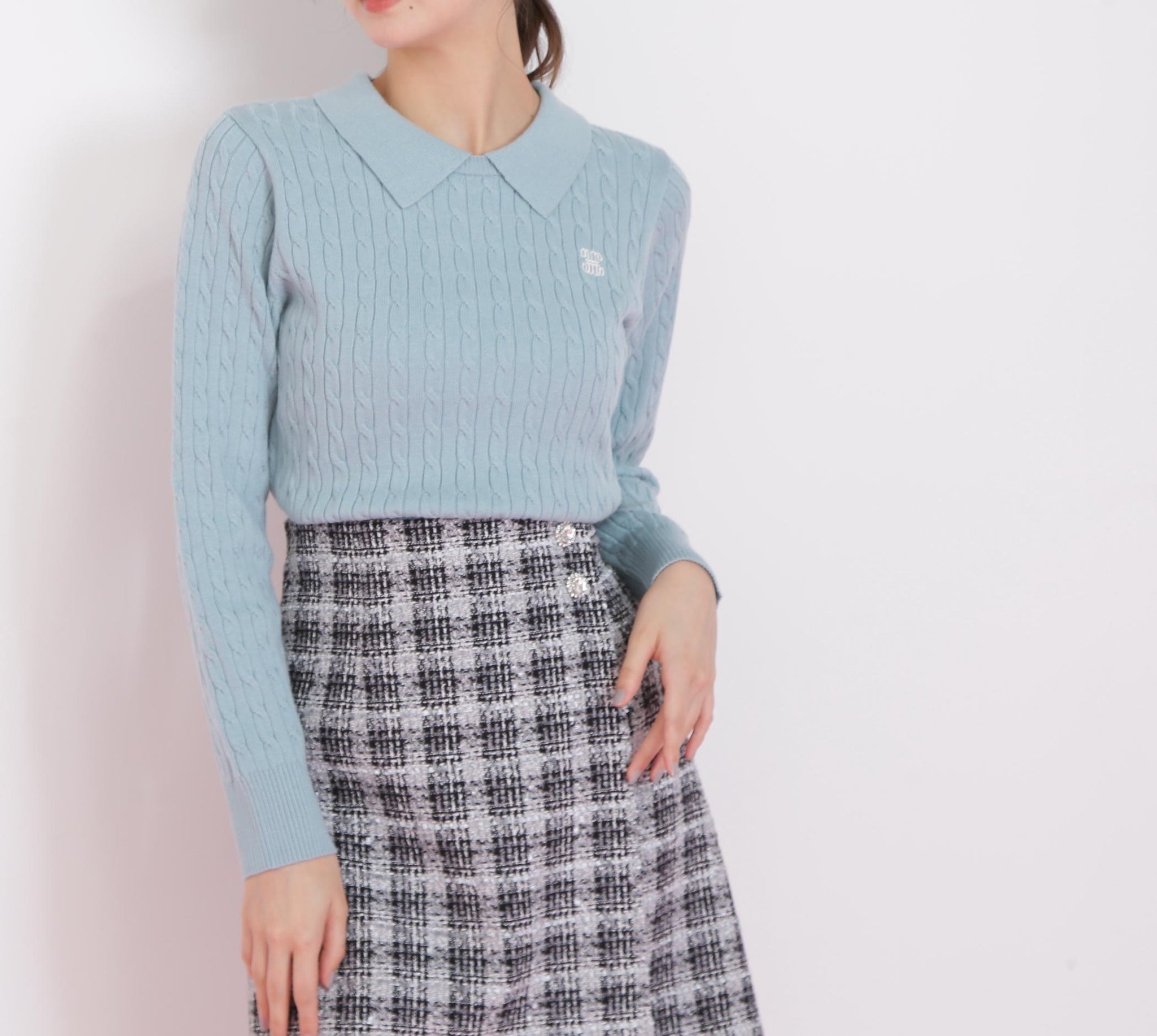 レイヤード衿ケーブルニット ミント