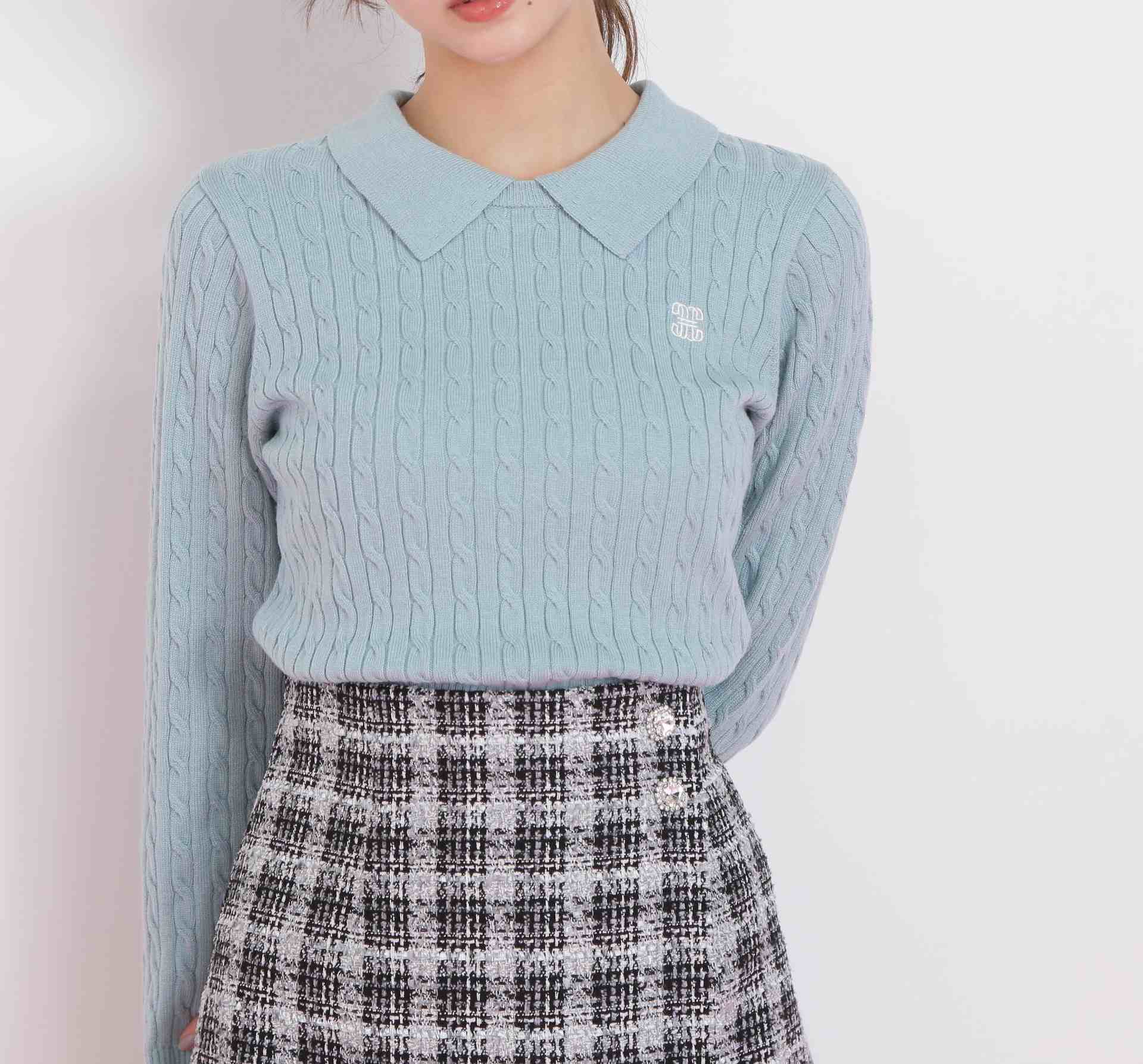 レイヤード衿ケーブルニット ミント