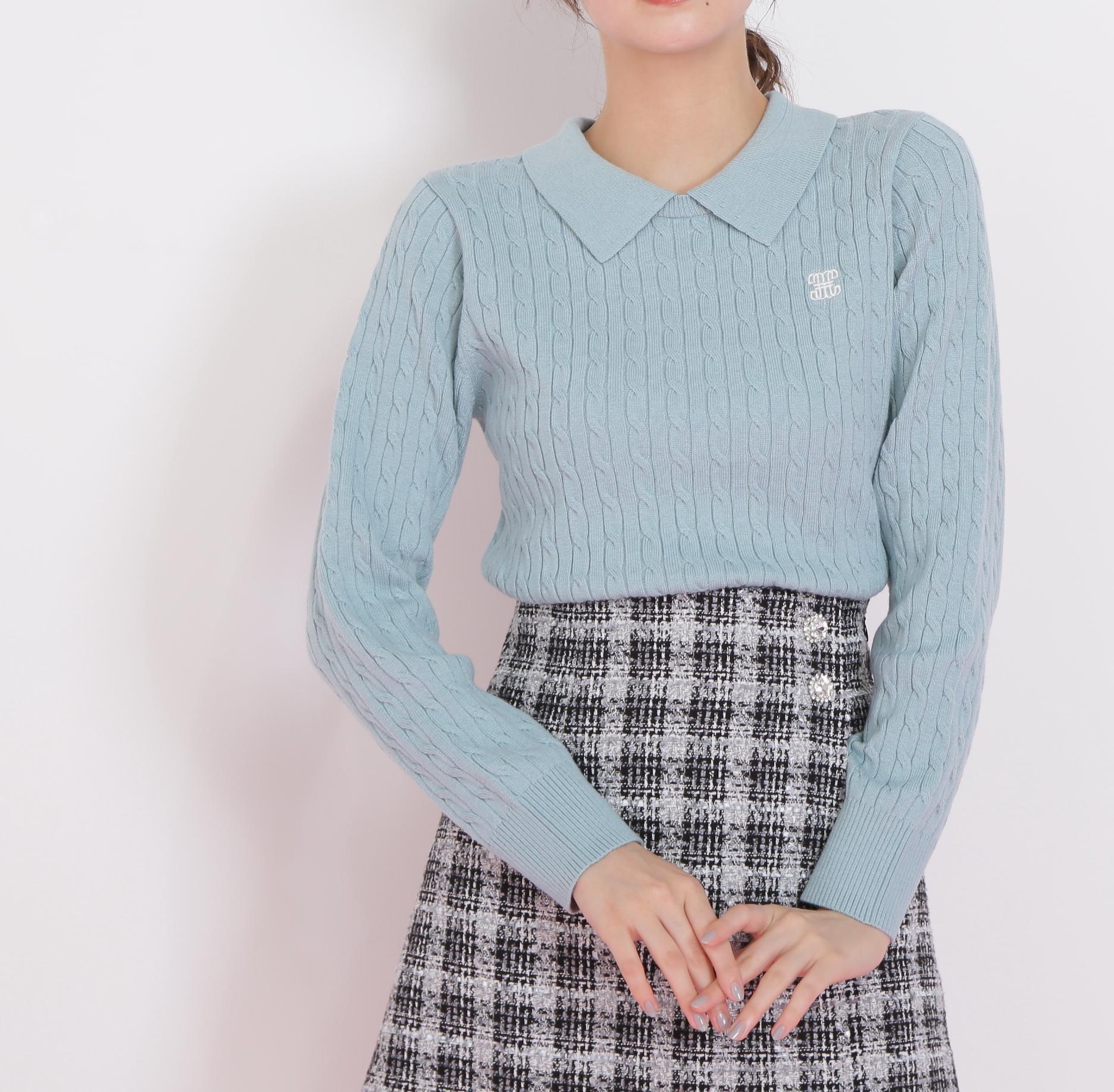 レイヤード衿ケーブルニット ミント