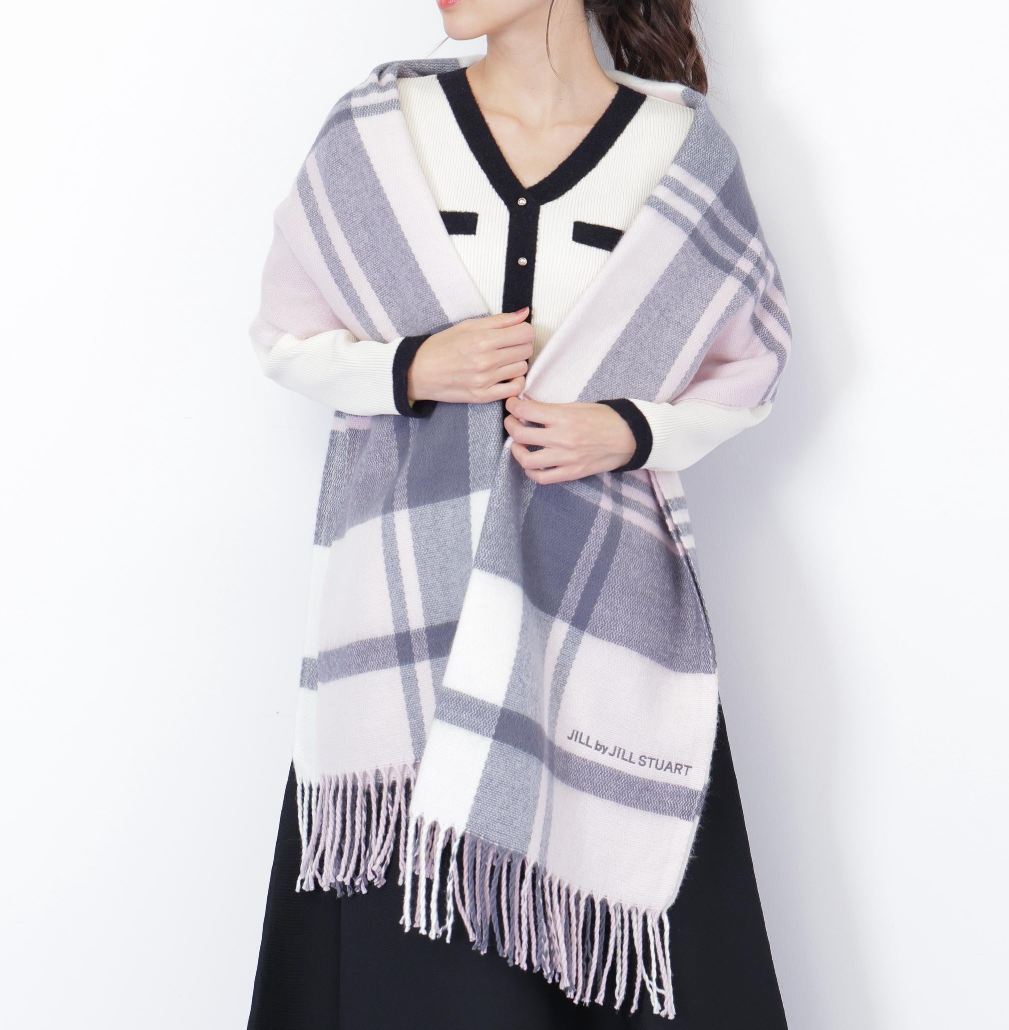 エンブロイダリーロゴチェックストール ピンク