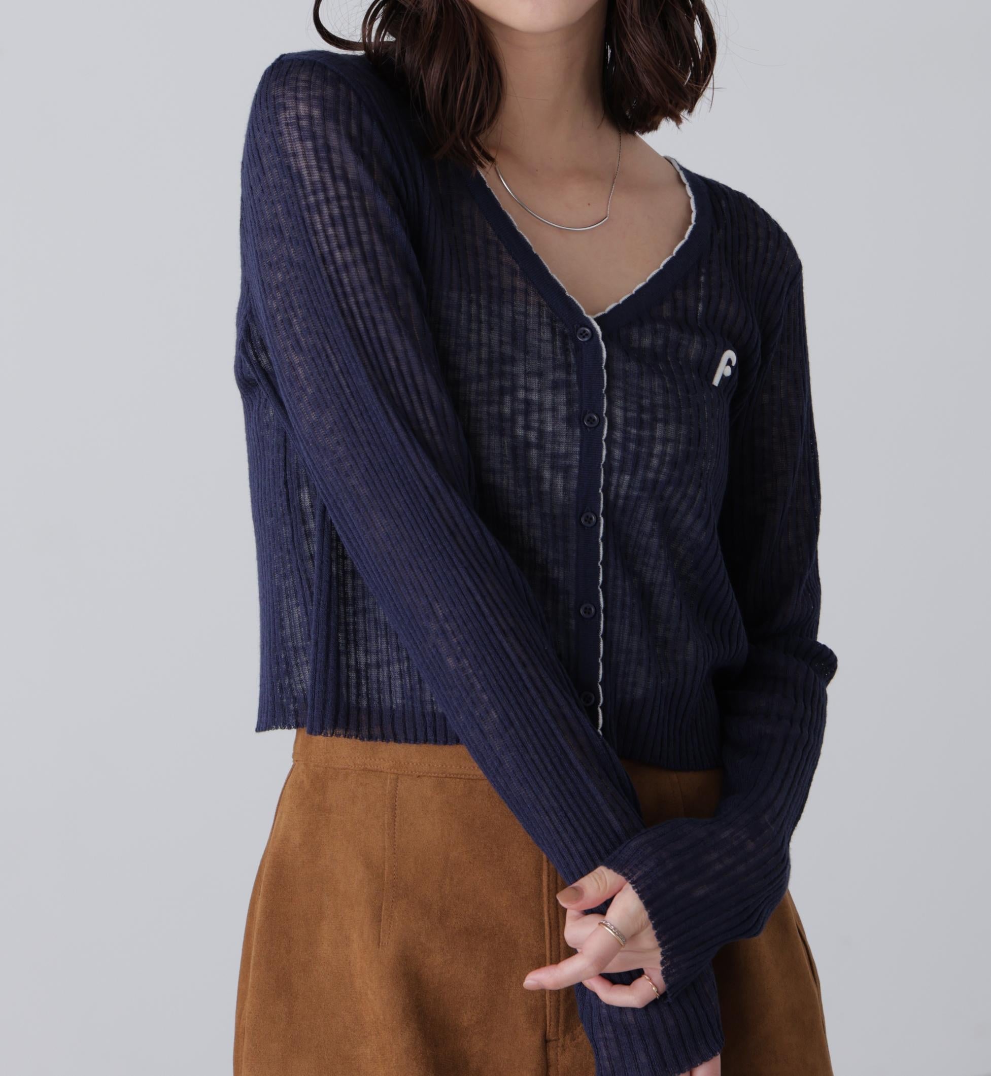 配色ラインスカラップシアーリブカーディガン ネイビー