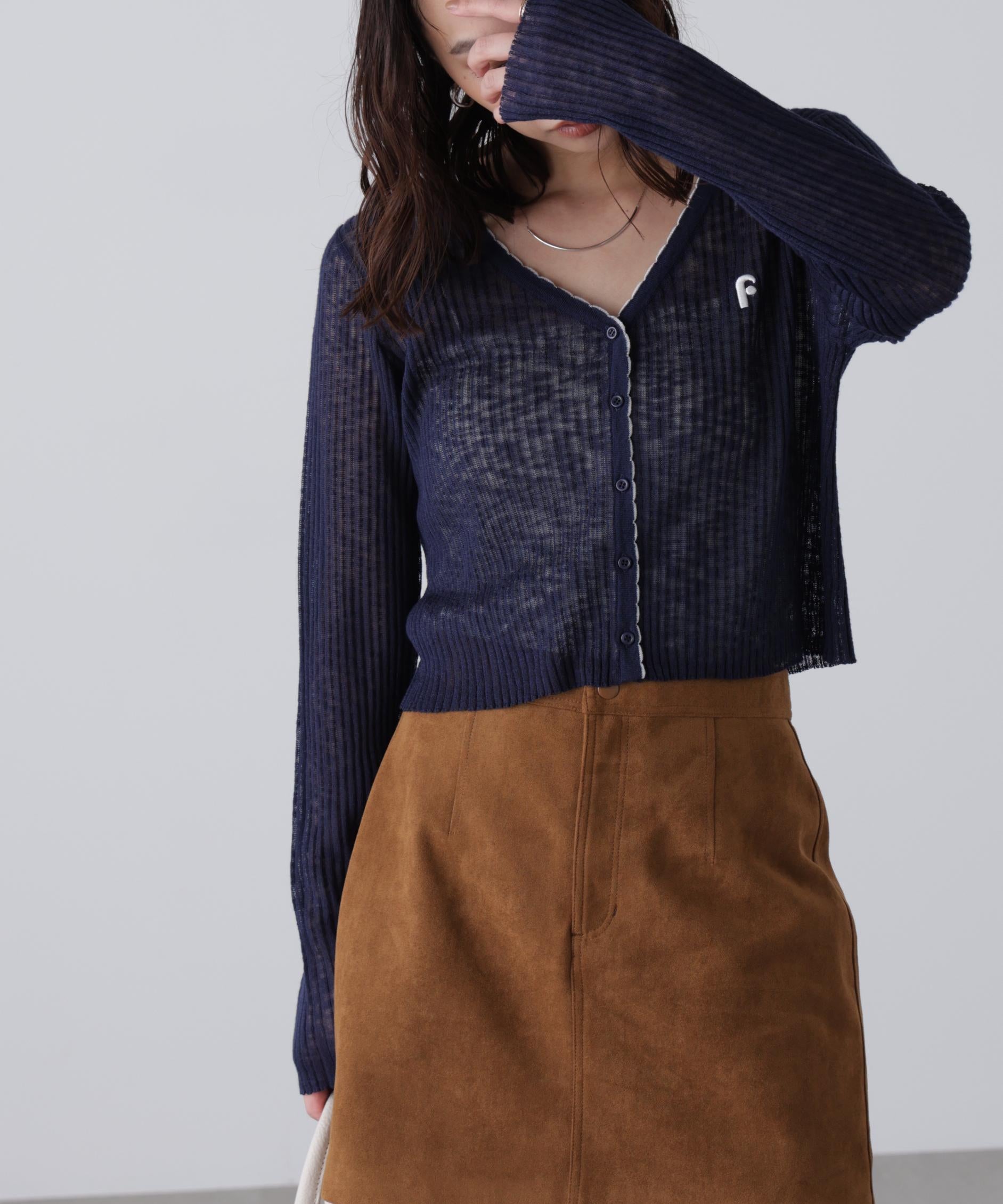 配色ラインスカラップシアーリブカーディガン ネイビー