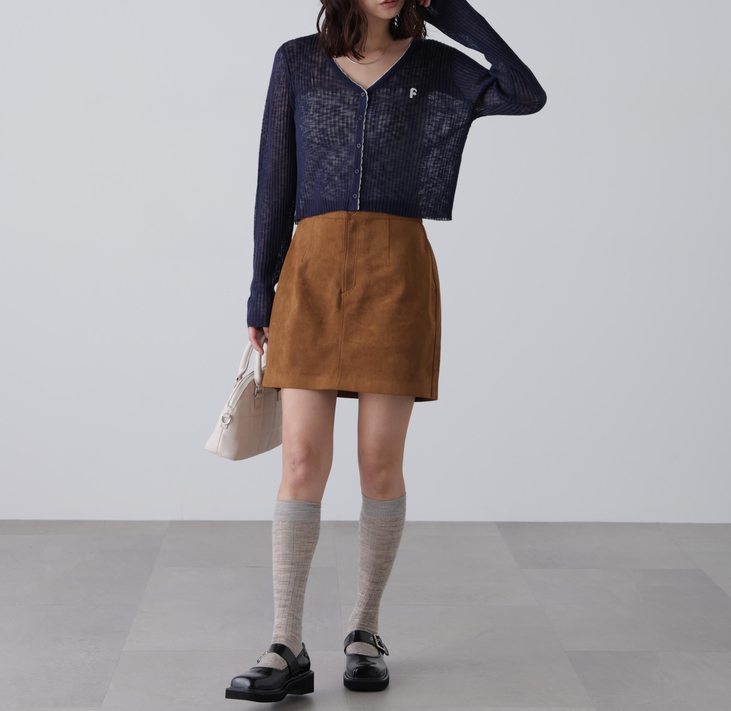 配色ラインスカラップシアーリブカーディガン ネイビー