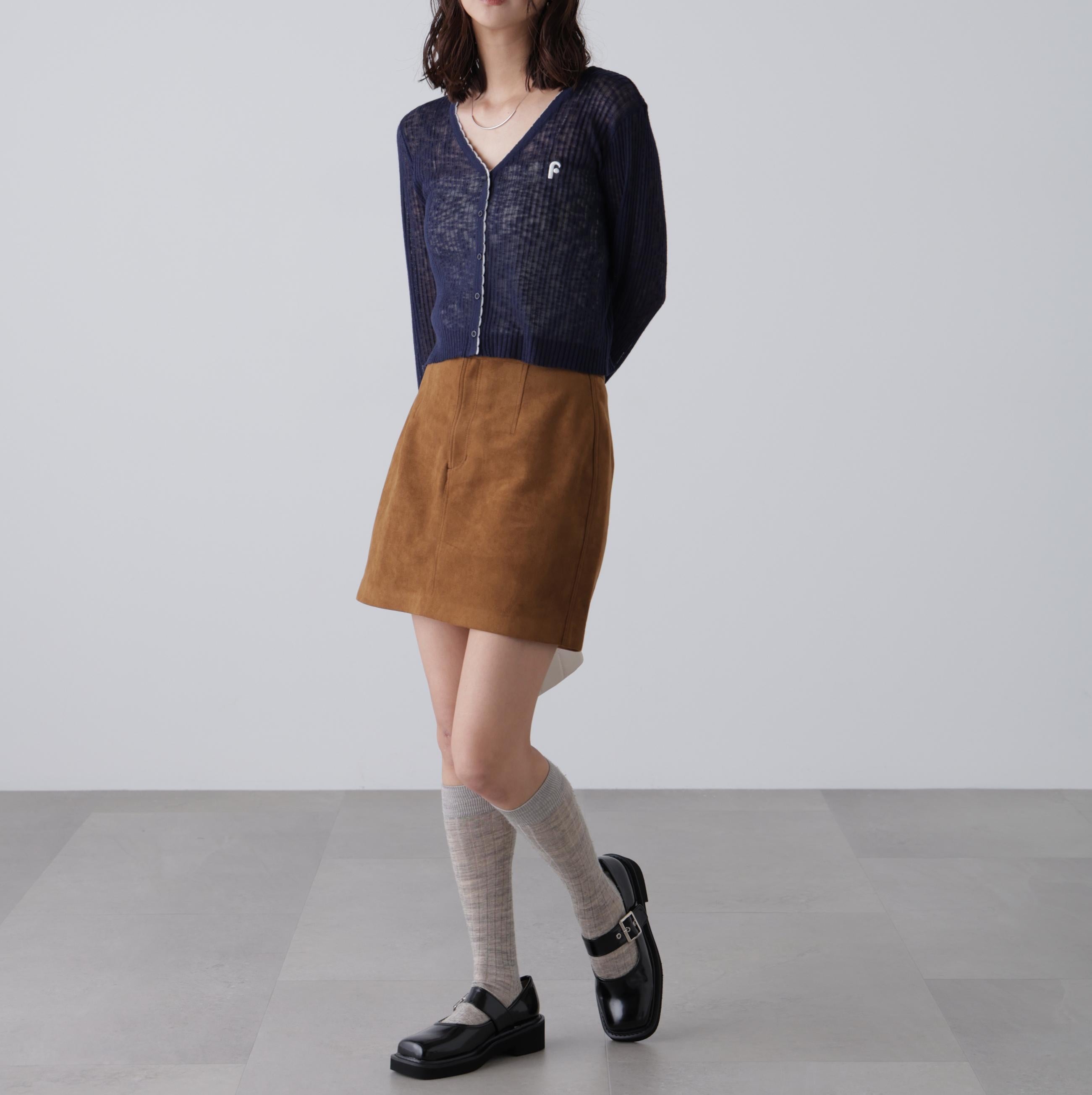 配色ラインスカラップシアーリブカーディガン ネイビー