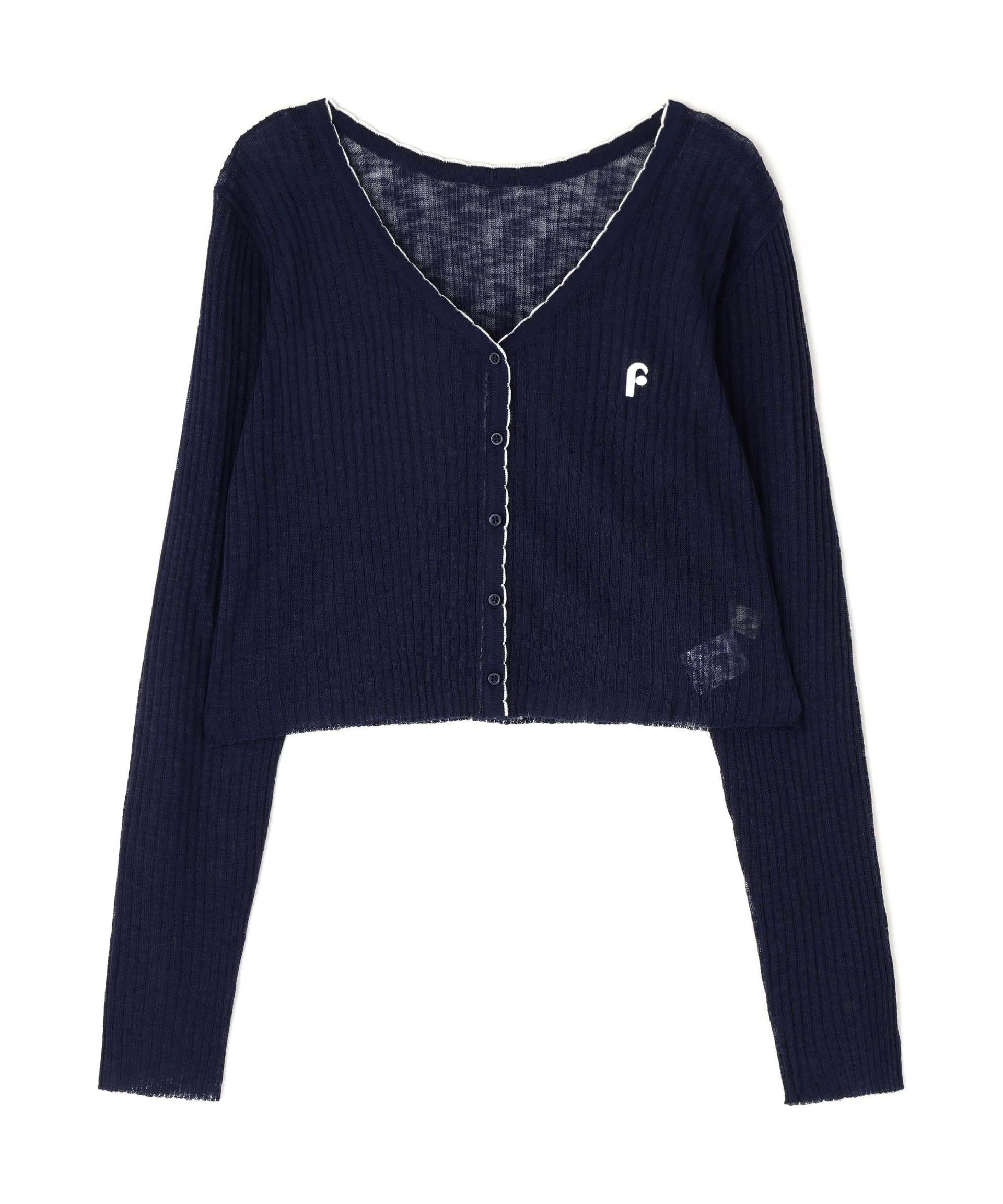 配色ラインスカラップシアーリブカーディガン ネイビー