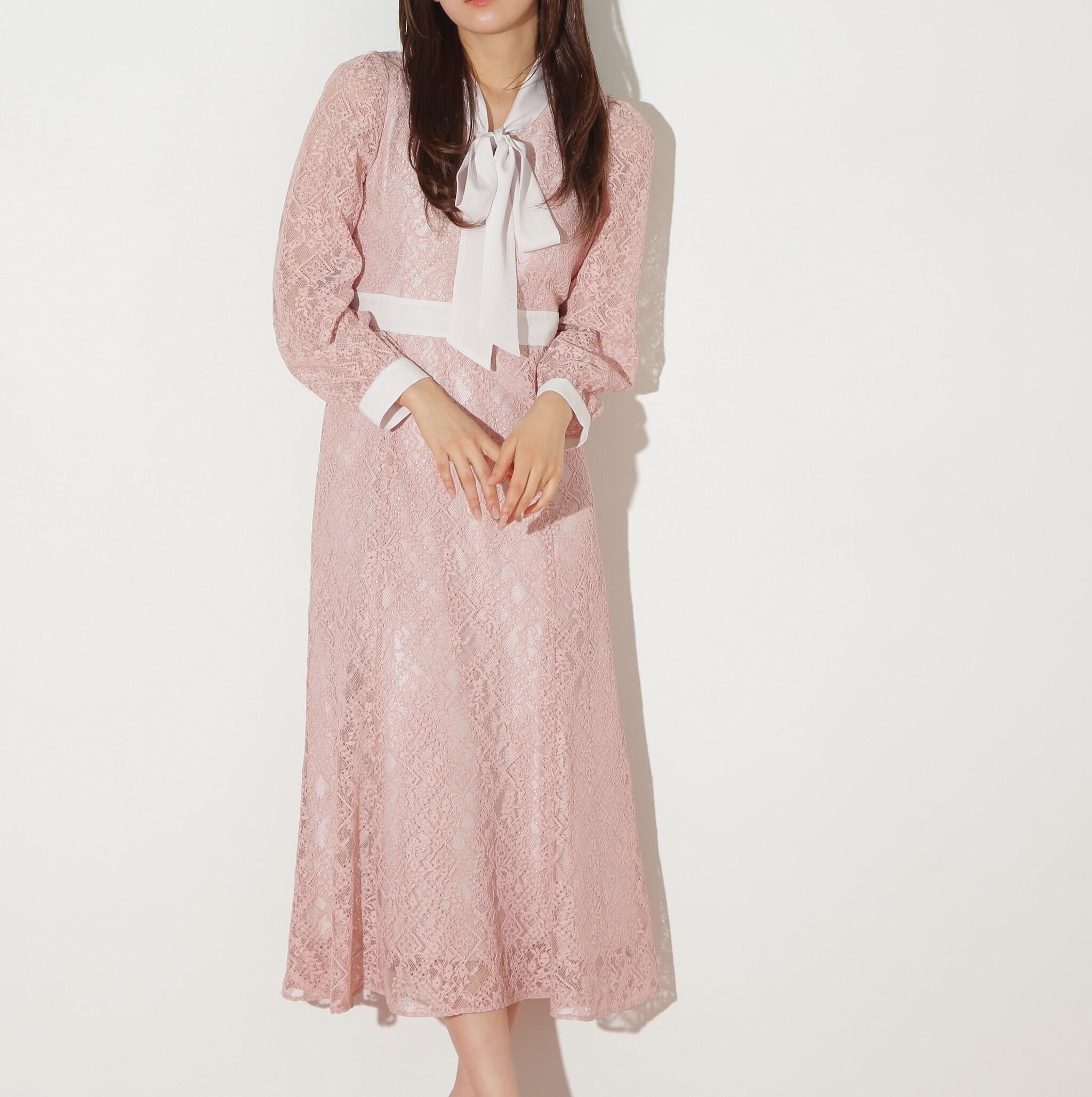 ボウタイレースワンピース ピンク