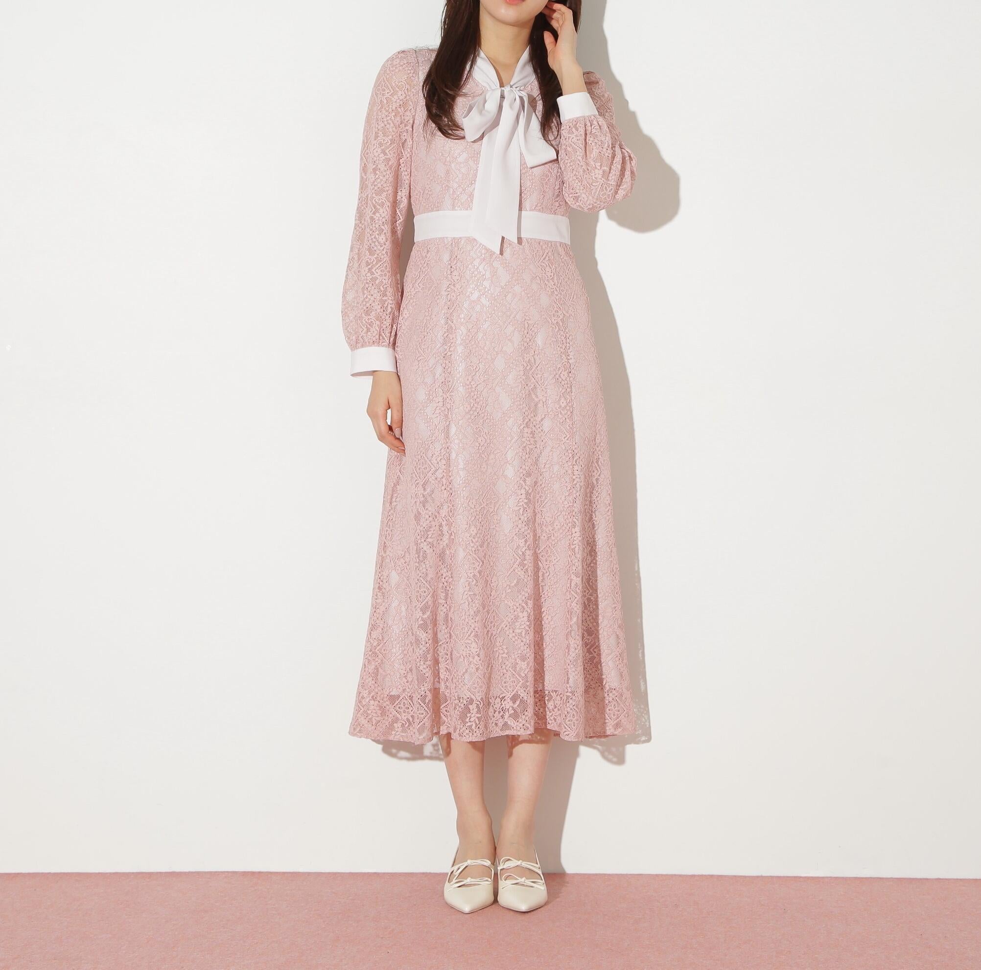 ボウタイレースワンピース ピンク