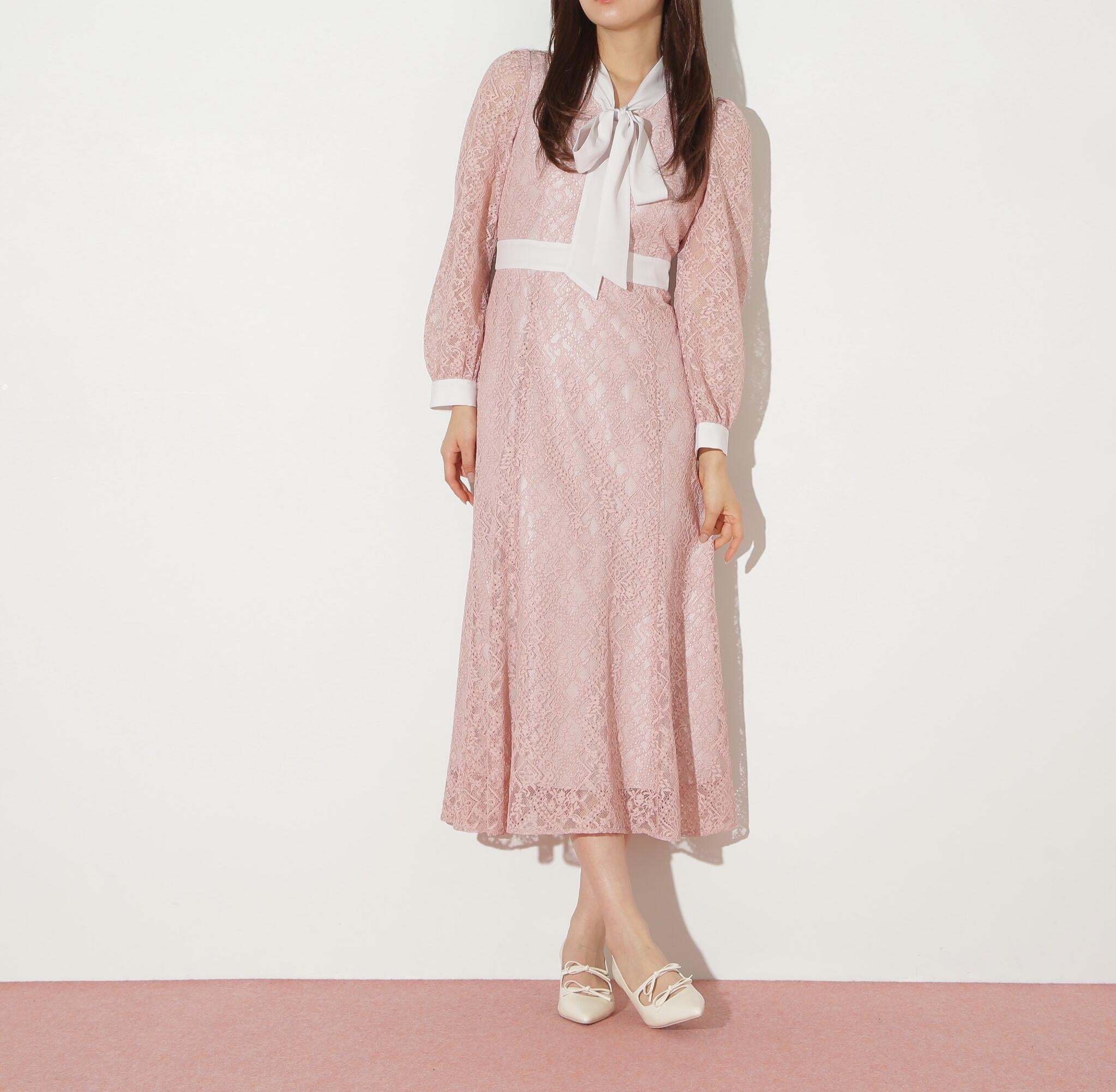 ボウタイレースワンピース ピンク