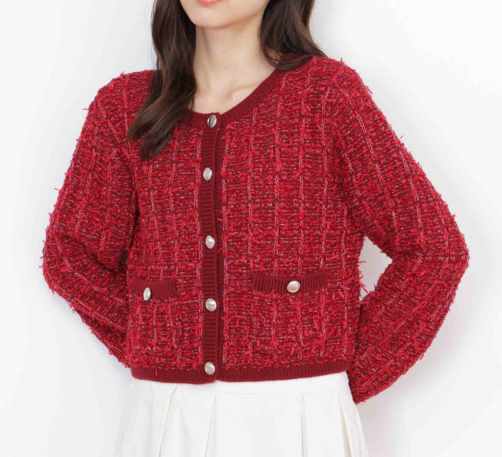 ラメツイードニットカーディガン レッド