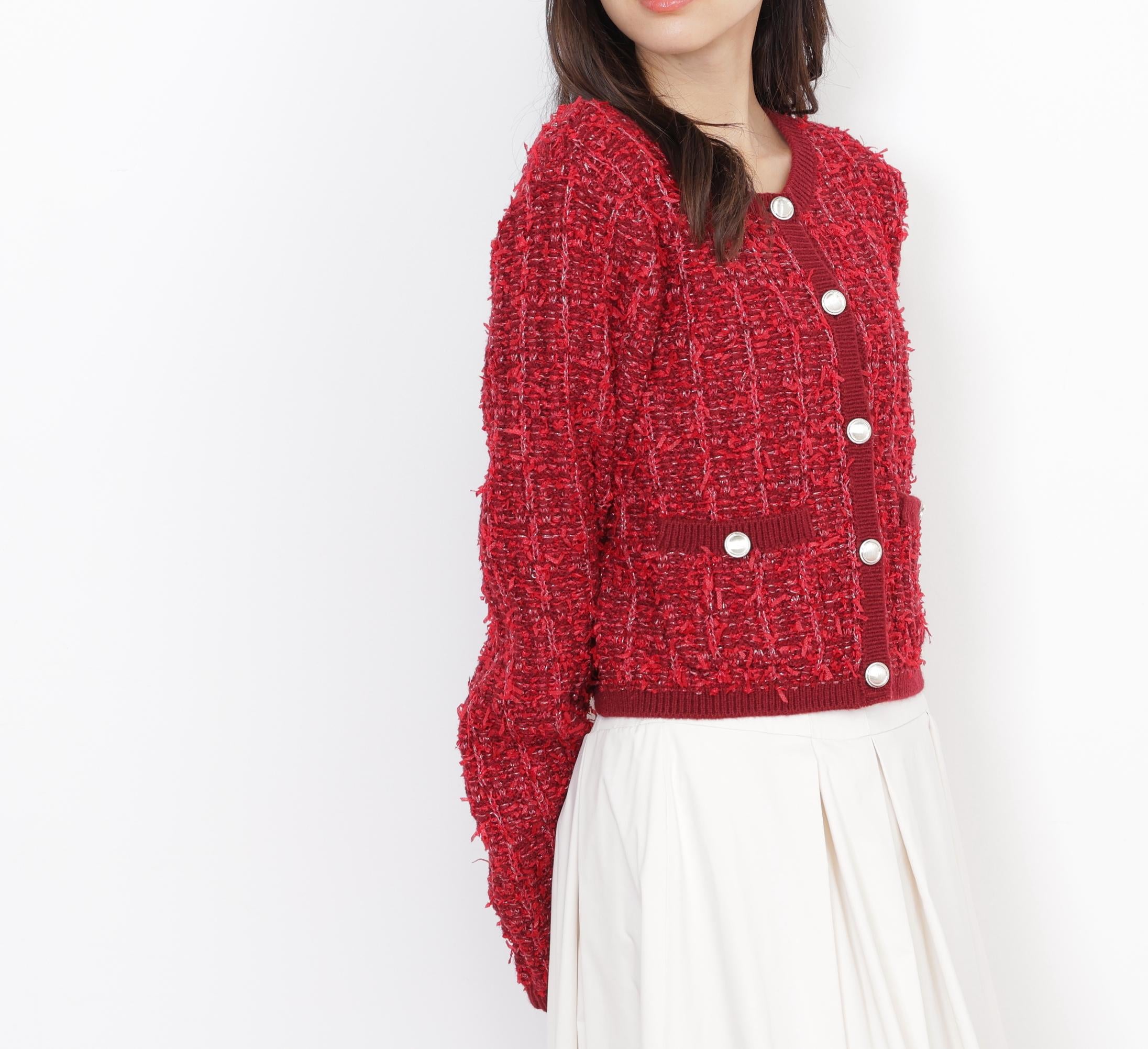 ラメツイードニットカーディガン レッド