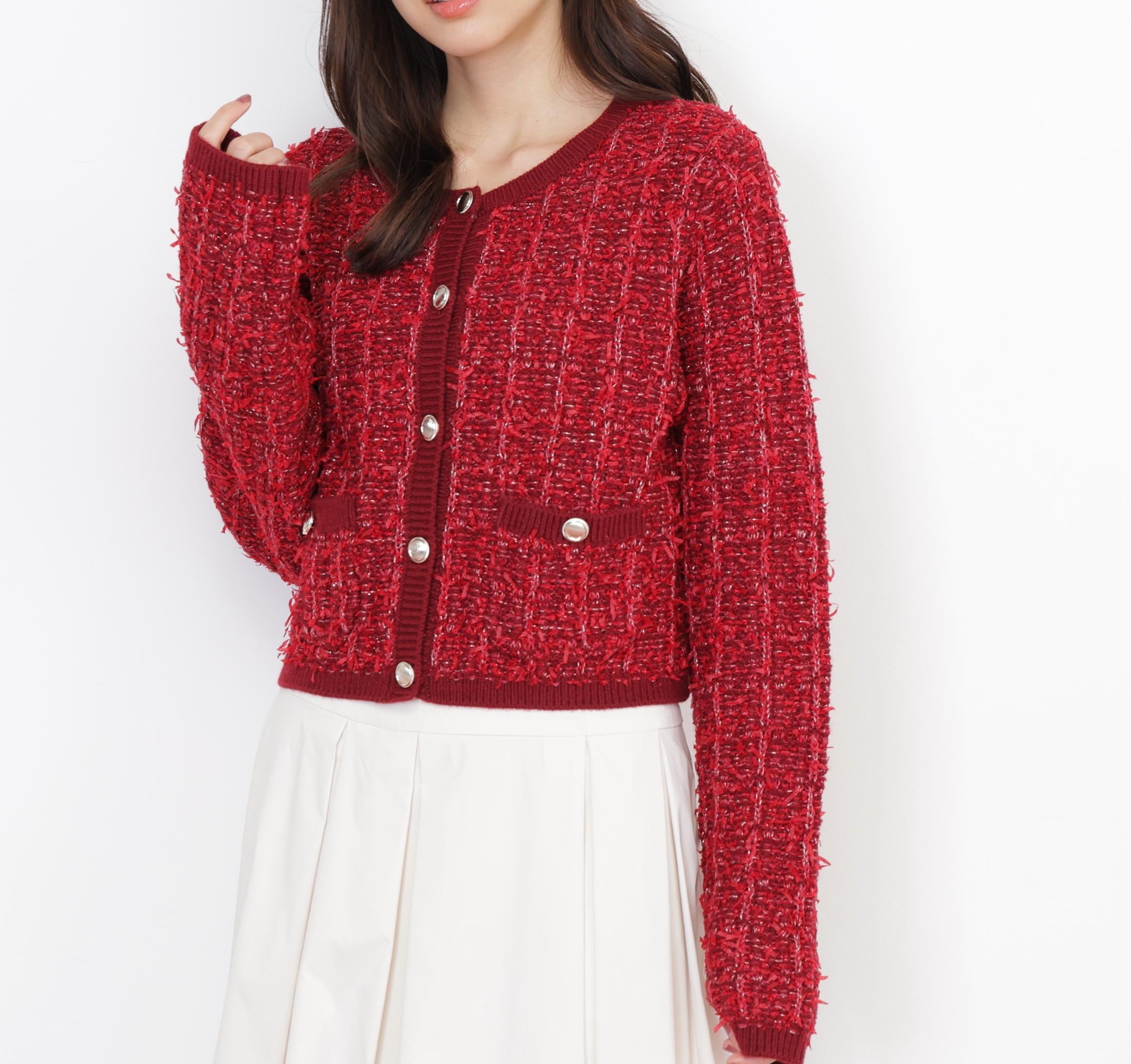 ラメツイードニットカーディガン レッド