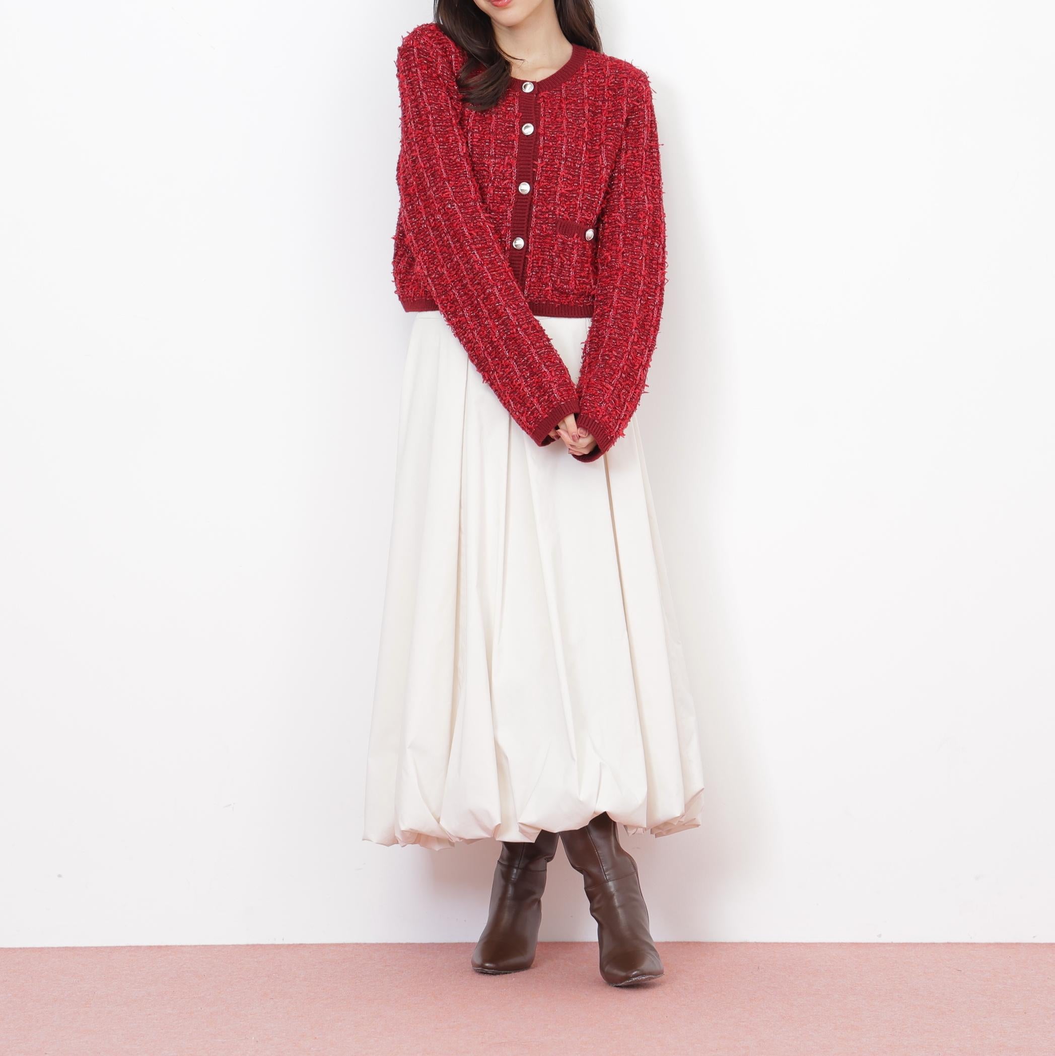 ラメツイードニットカーディガン レッド