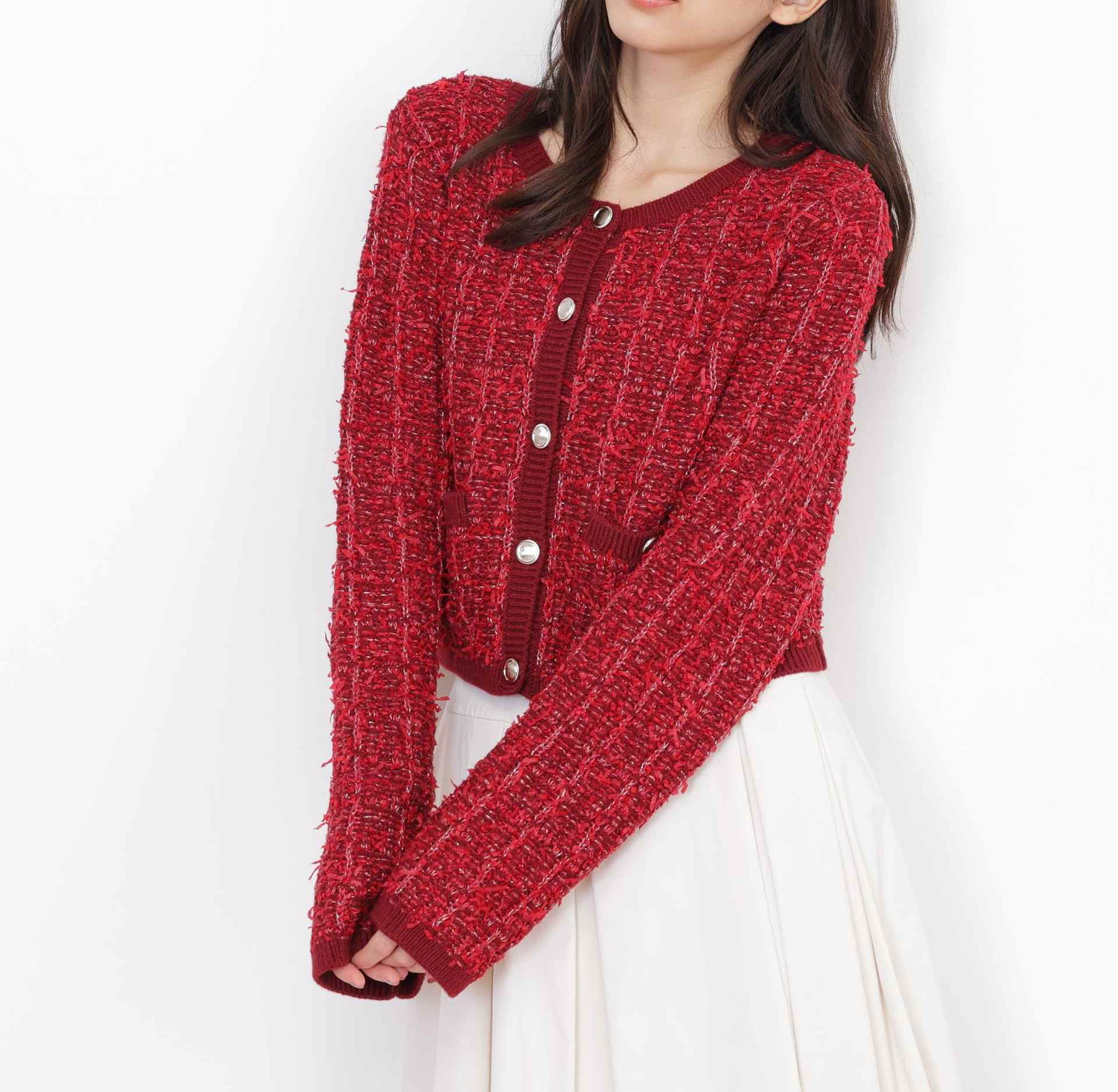 ラメツイードニットカーディガン レッド