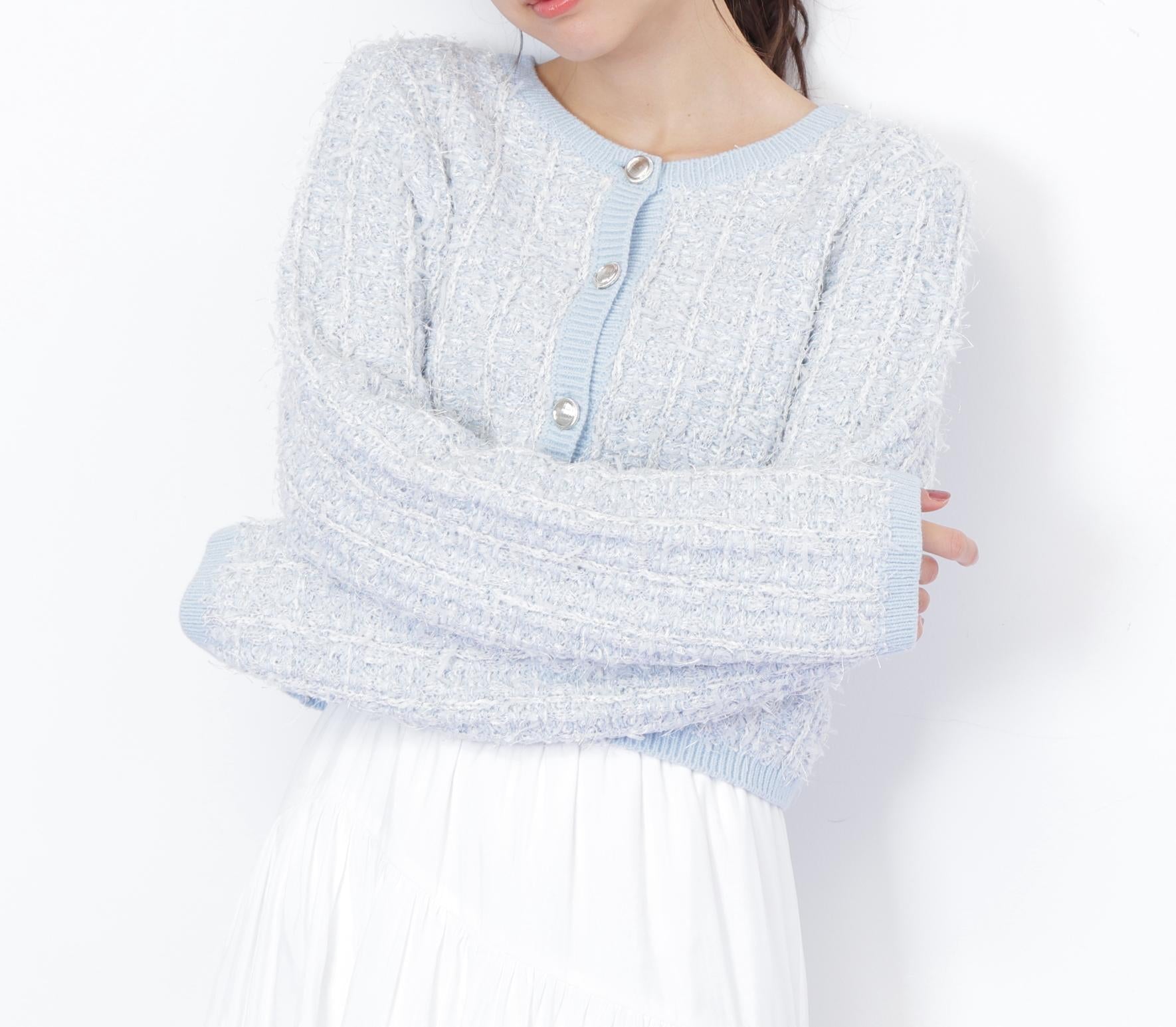 ラメツイードニットカーディガン ブルー