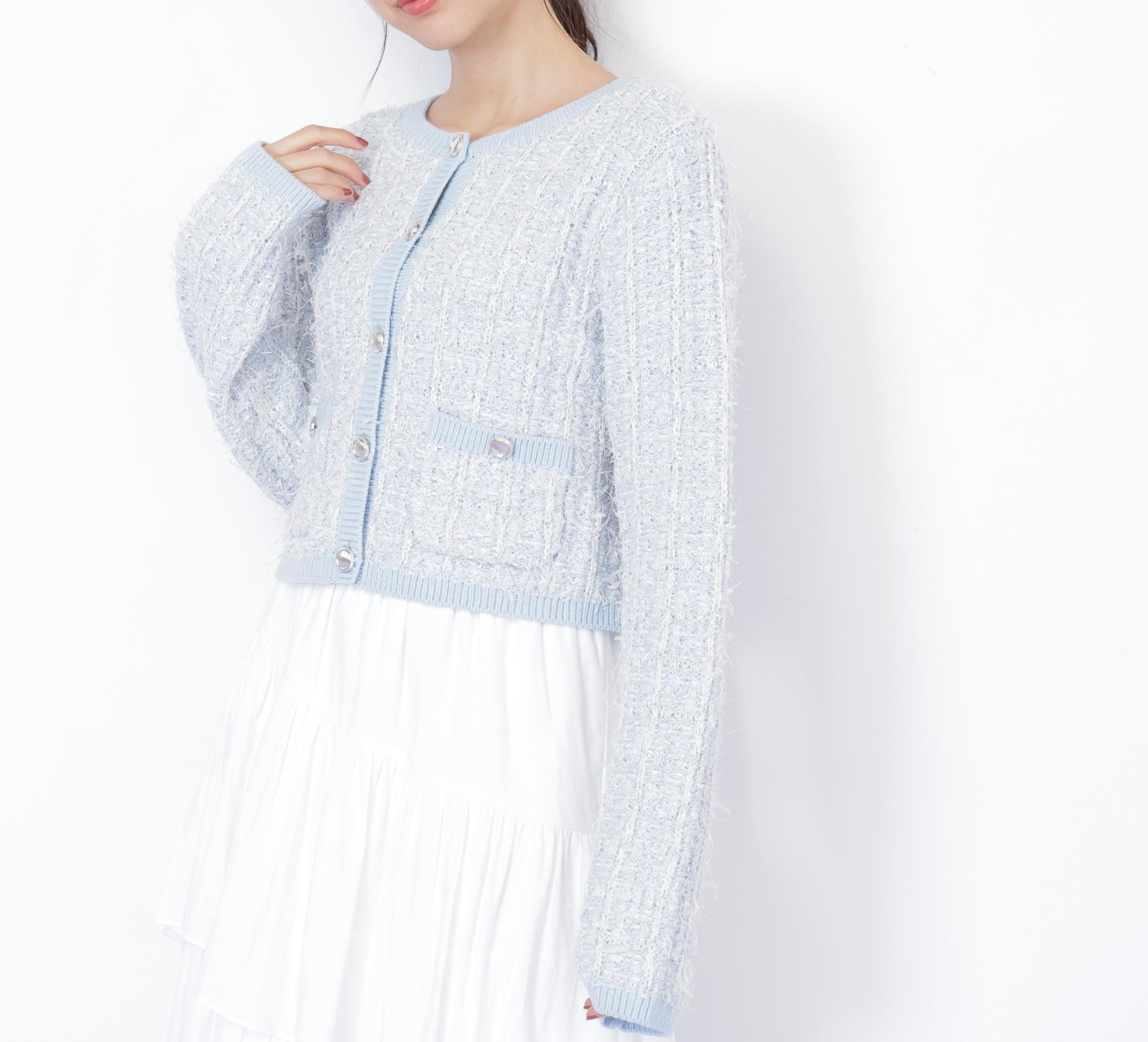 ラメツイードニットカーディガン ブルー