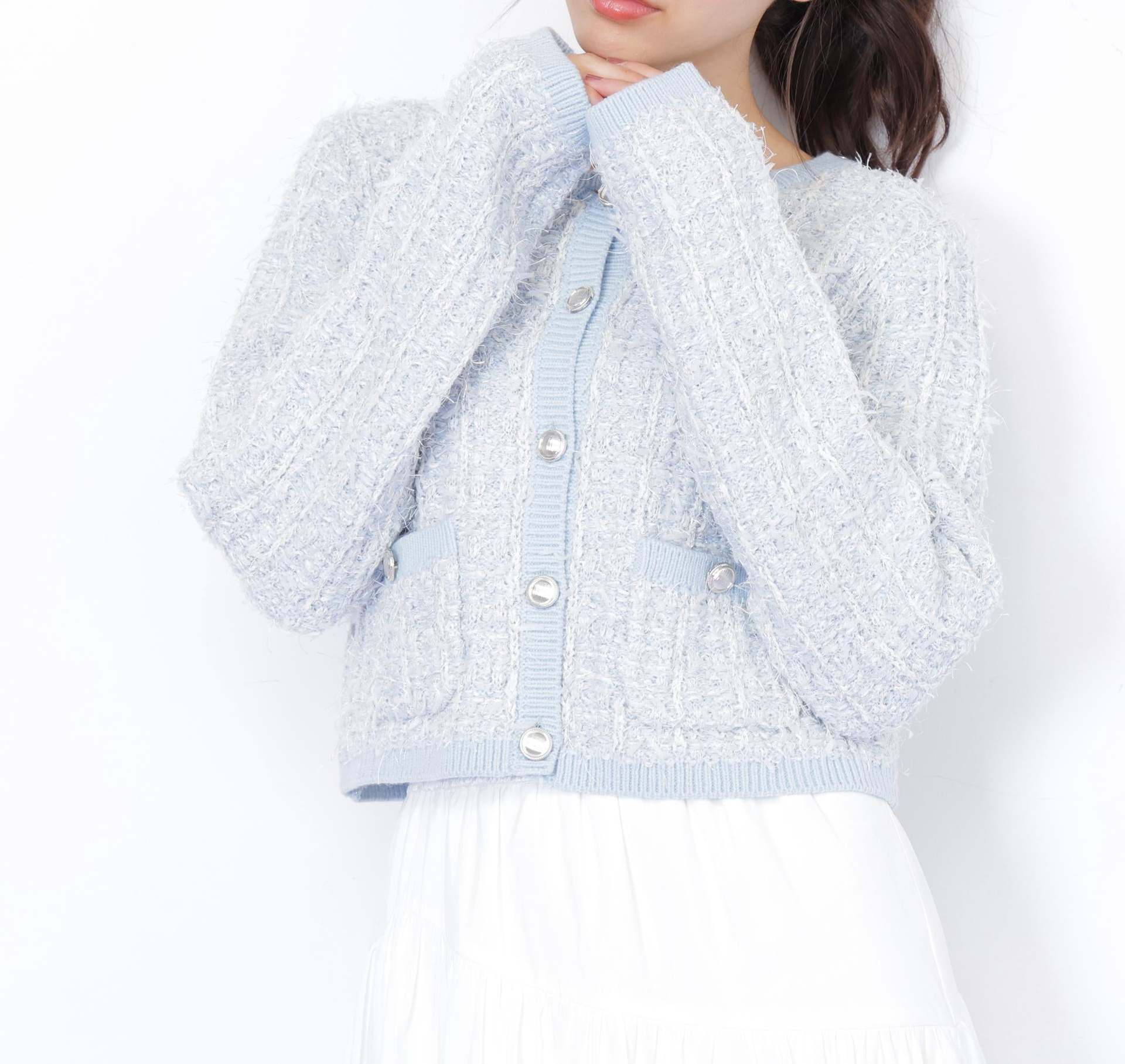 ラメツイードニットカーディガン ブルー
