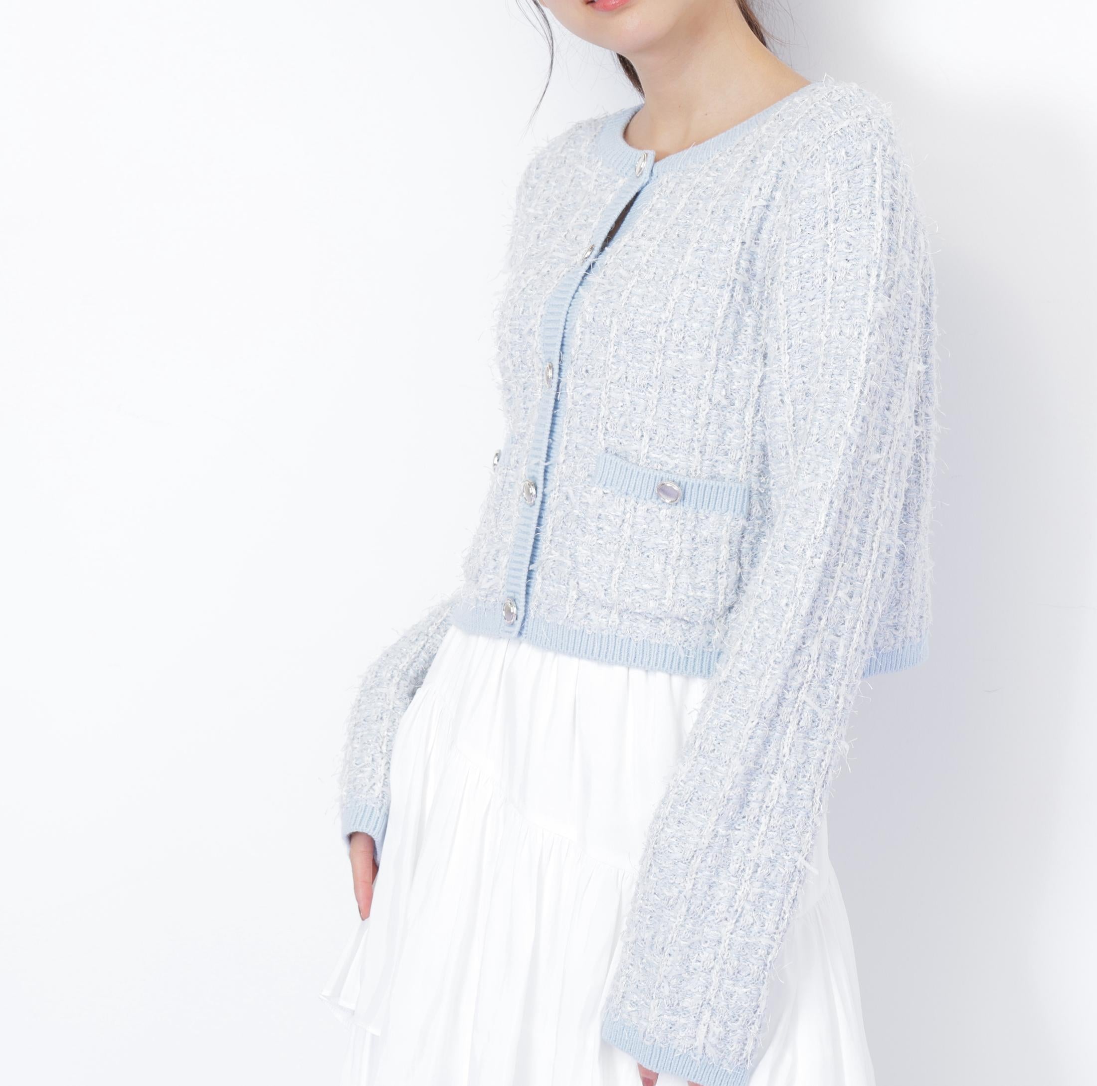 ラメツイードニットカーディガン ブルー