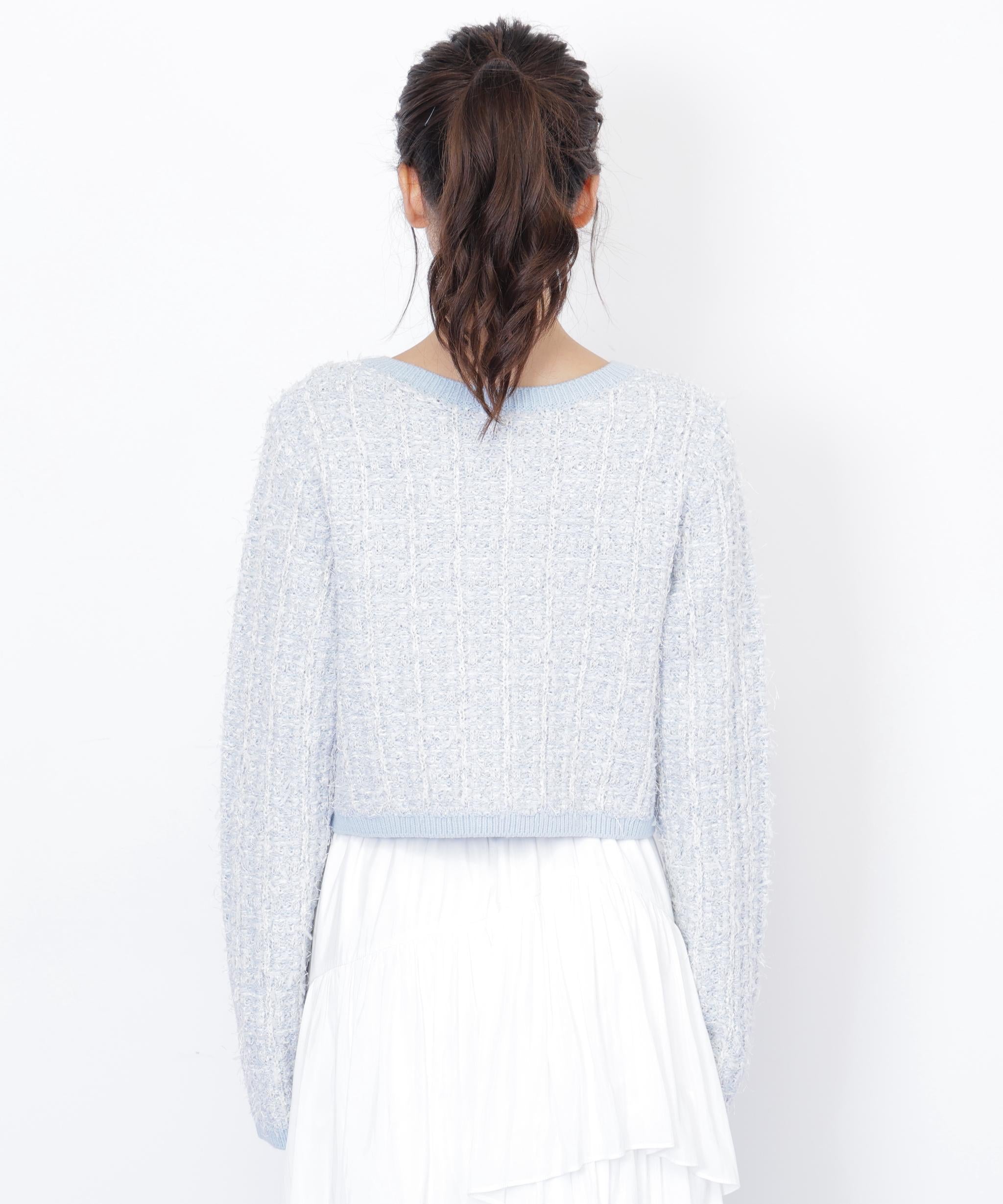 ラメツイードニットカーディガン ブルー