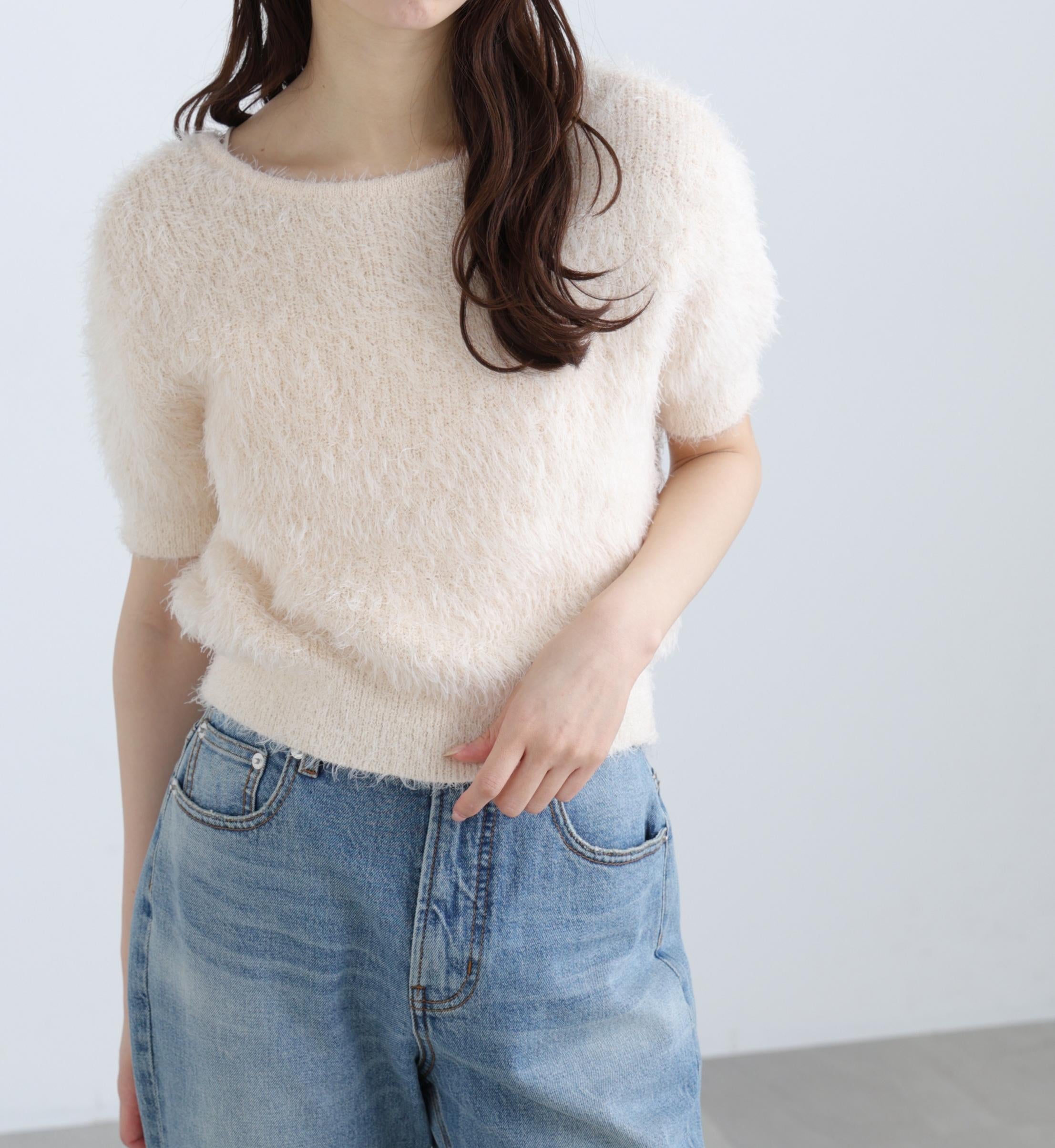 前後2wayシャギー半袖ニット オフ