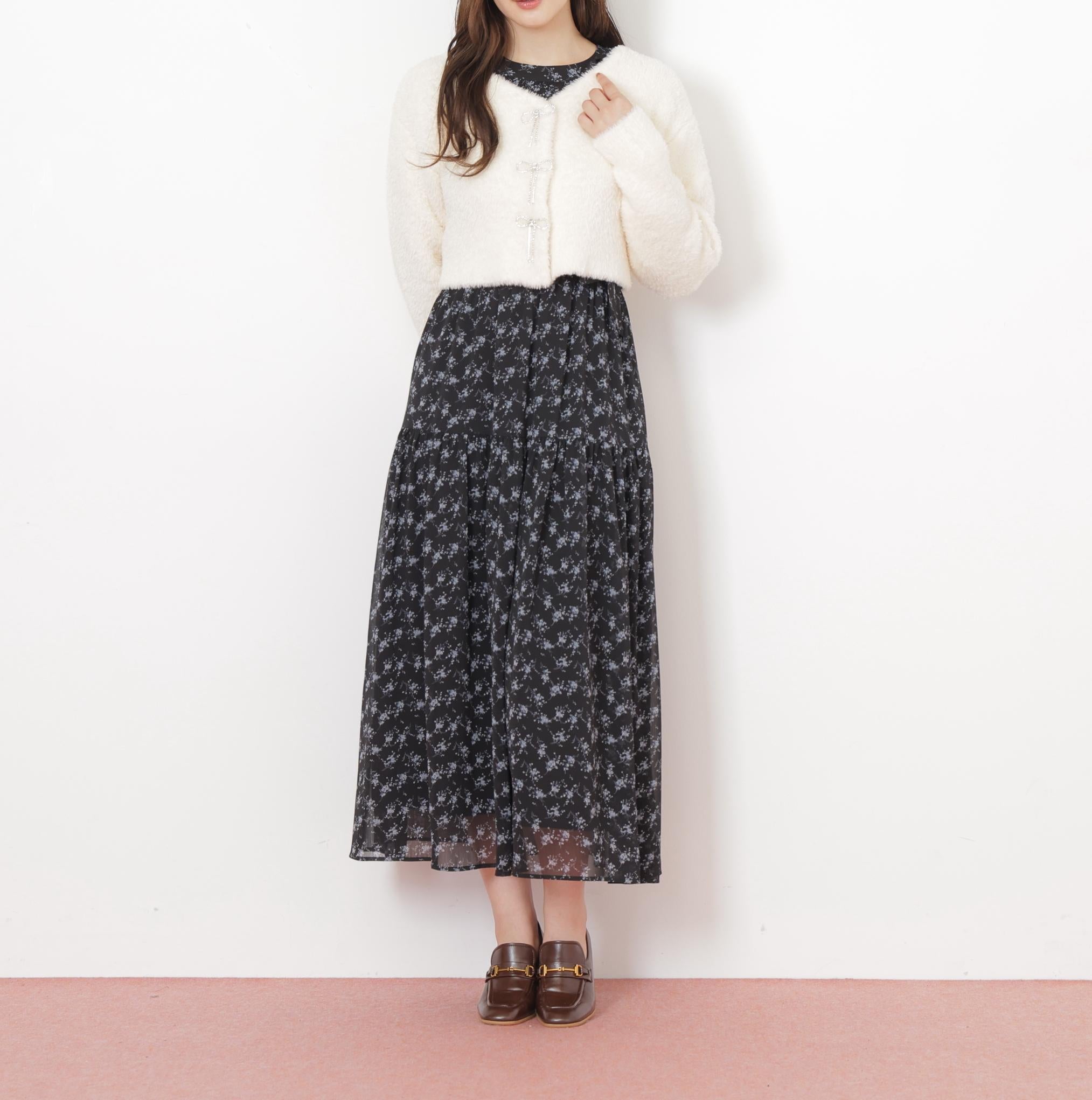 リボンビジューフェザーカーディガン ホワイト