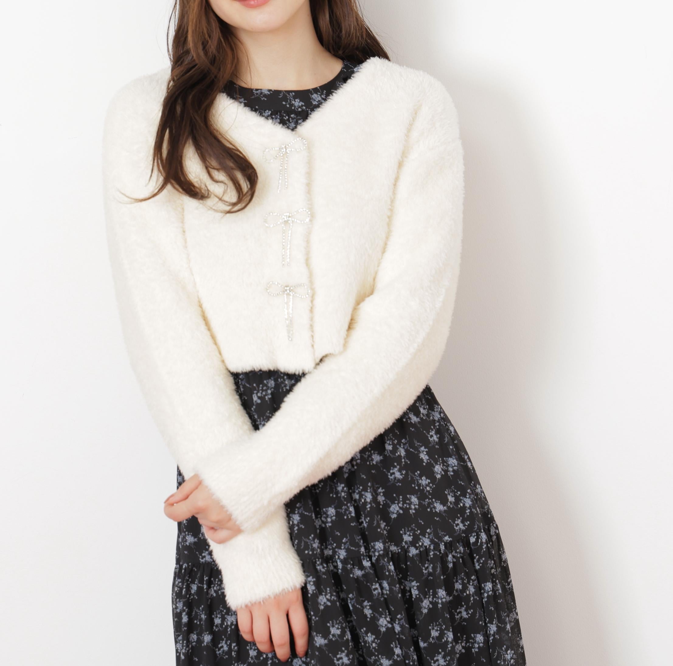 リボンビジューフェザーカーディガン ホワイト