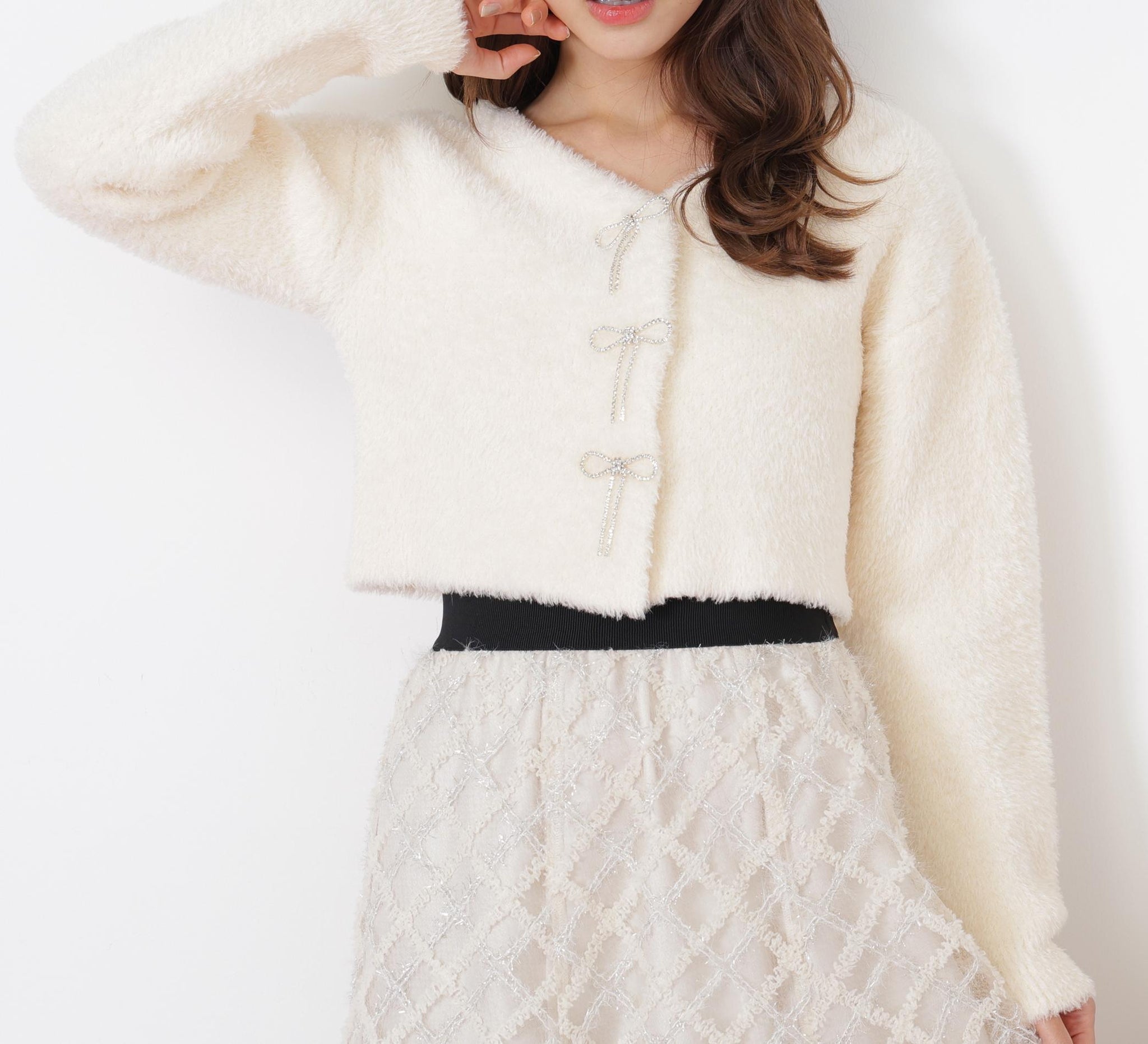 リボンビジューフェザーカーディガン ホワイト